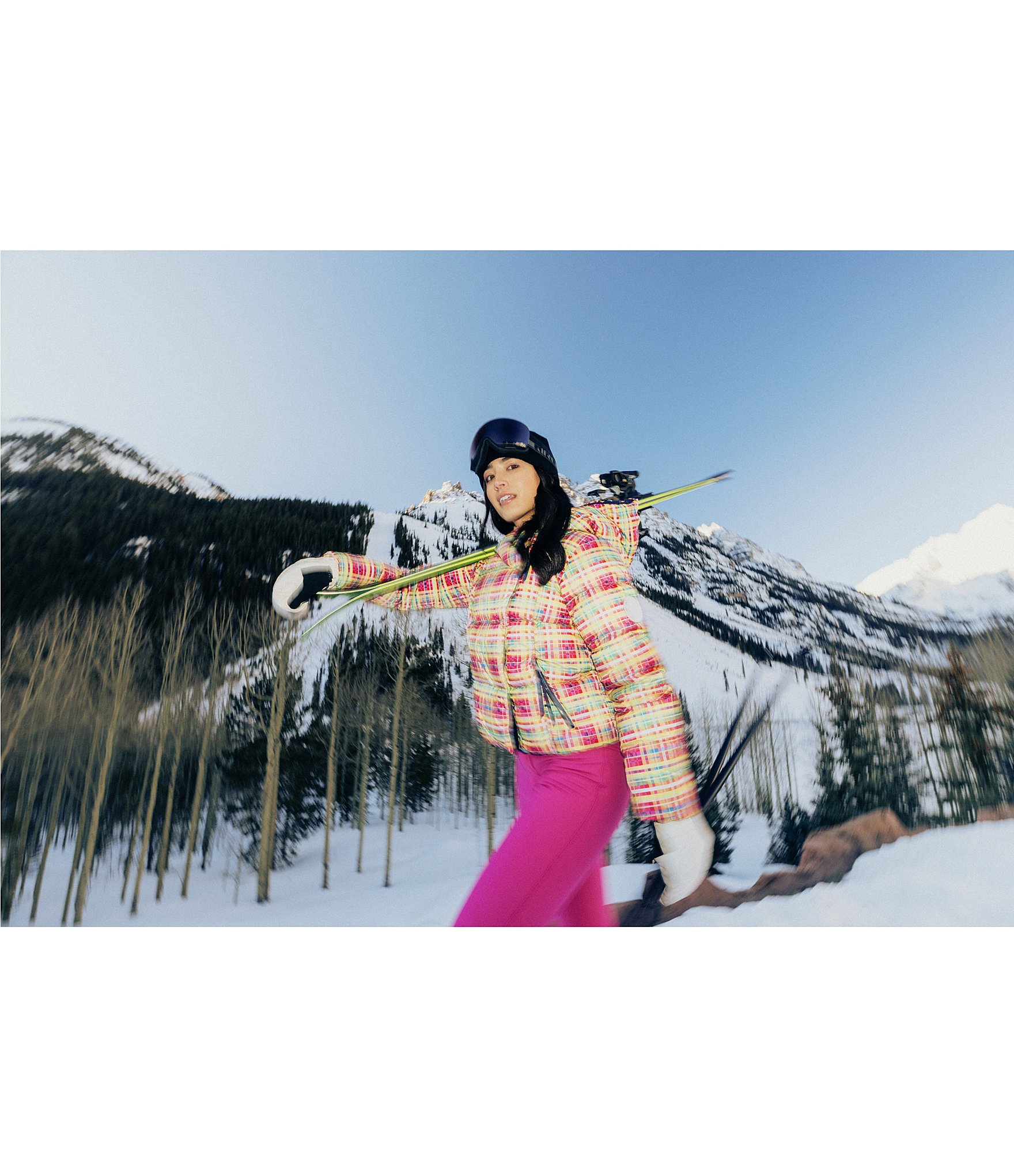 Obermeyer Calypso Down Plaid Print Asymmetrical Zip Puffer Ski Jacket