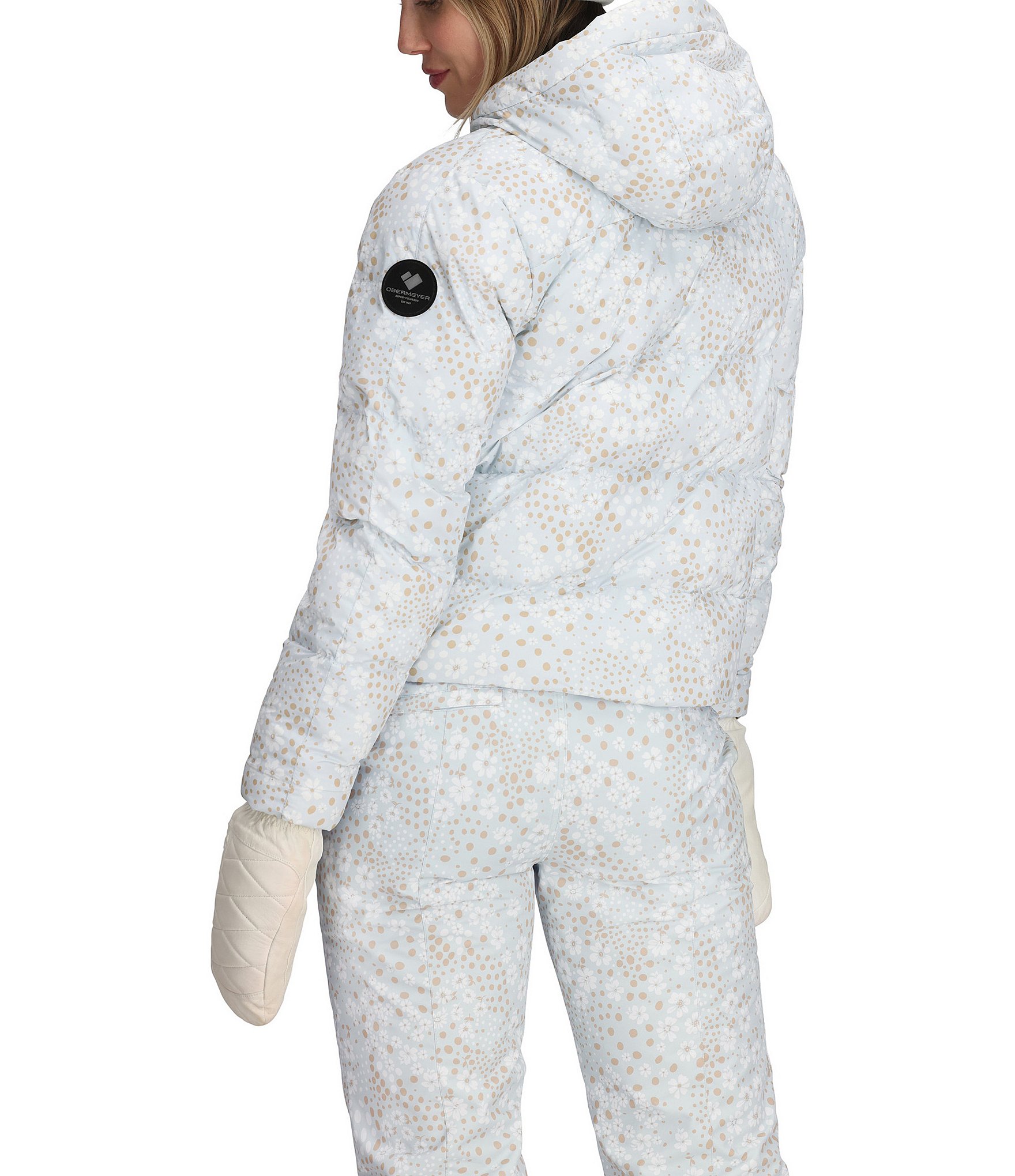 Obermeyer Slopeside Floral Printed Hooded Stand Collar Zip Front Puffer Down Ski Jacket