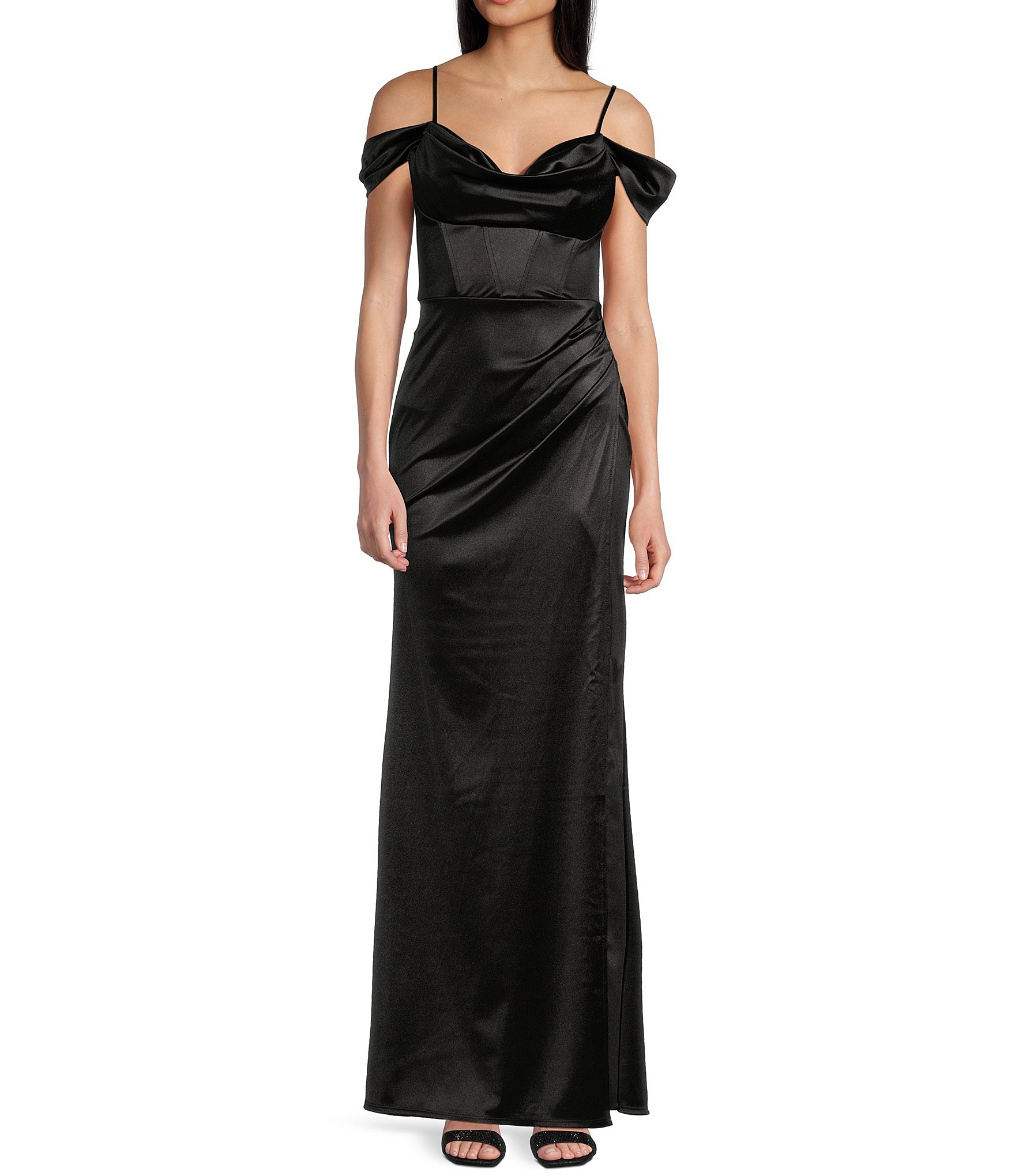 B. Darlin Off-The-Shoulder Corset Wrap Side Slit Long Dress | Dillard's