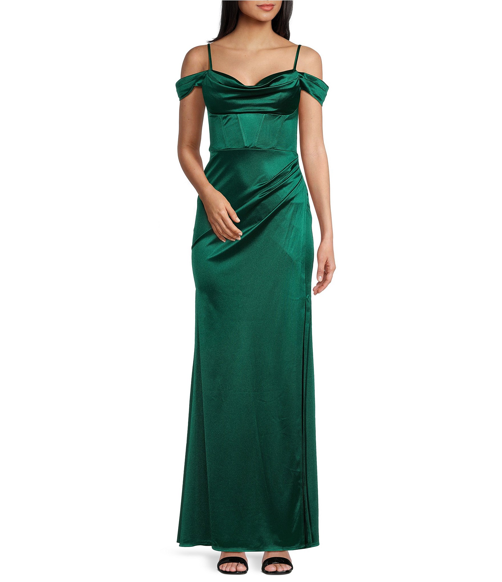 B. Darlin Off-The-Shoulder Corset Wrap Side Slit Long Dress | Dillard's