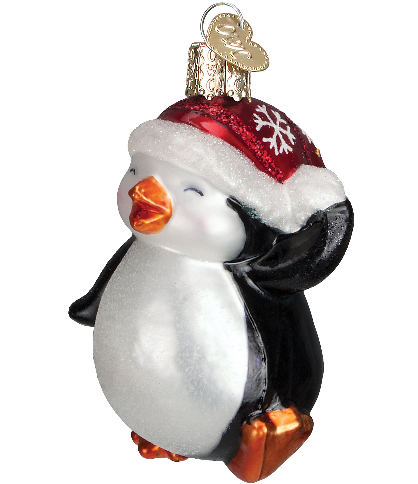 PENGUIN (TOPPER) SANTA CLAUS is COMING to TOWN Glitter CHRISTMAS ORNAMENT *  Vtg
