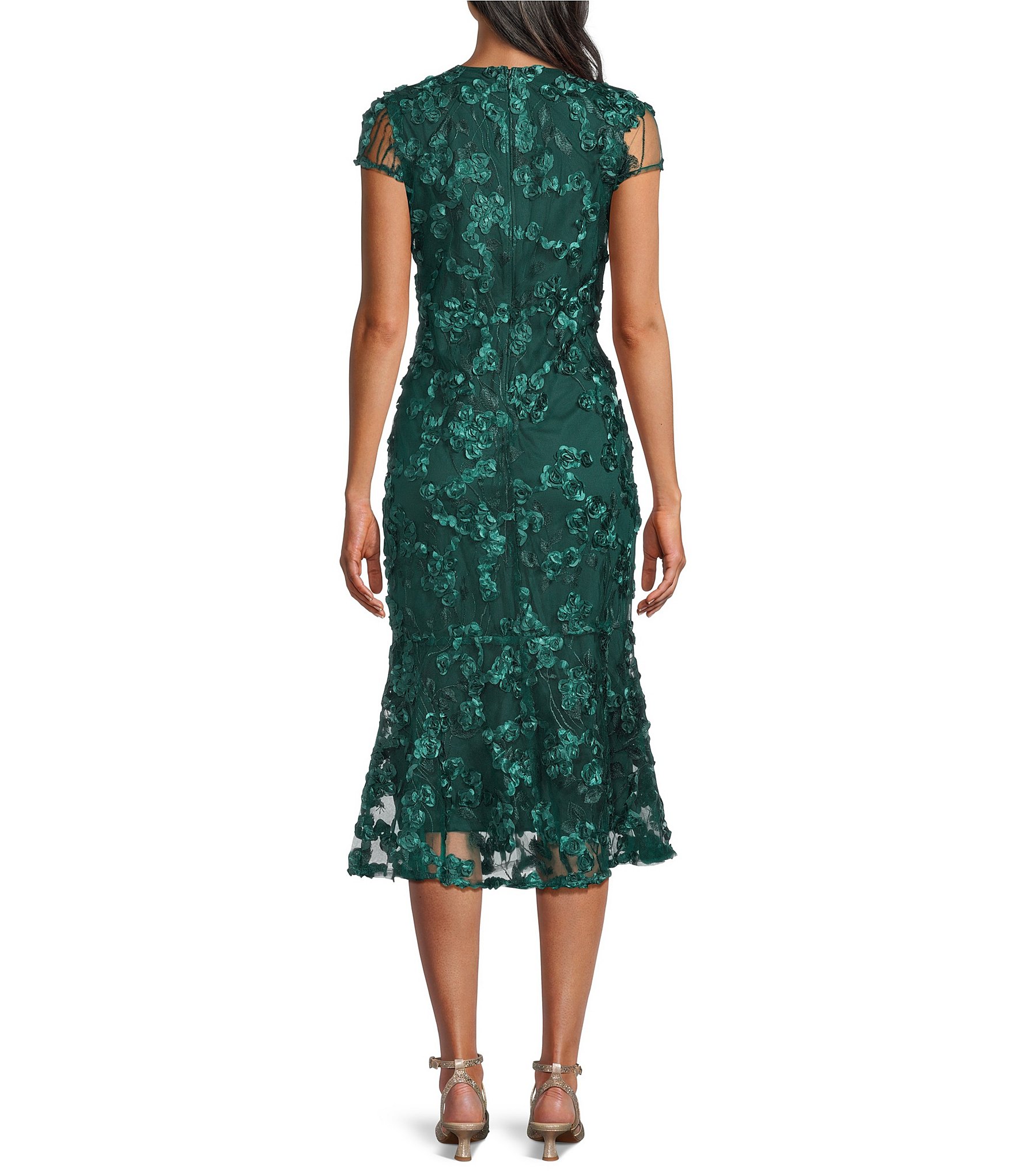 Oleg Cassini 3D Flower Petal Mesh V-Neck Cap Sleeve Midi Gown