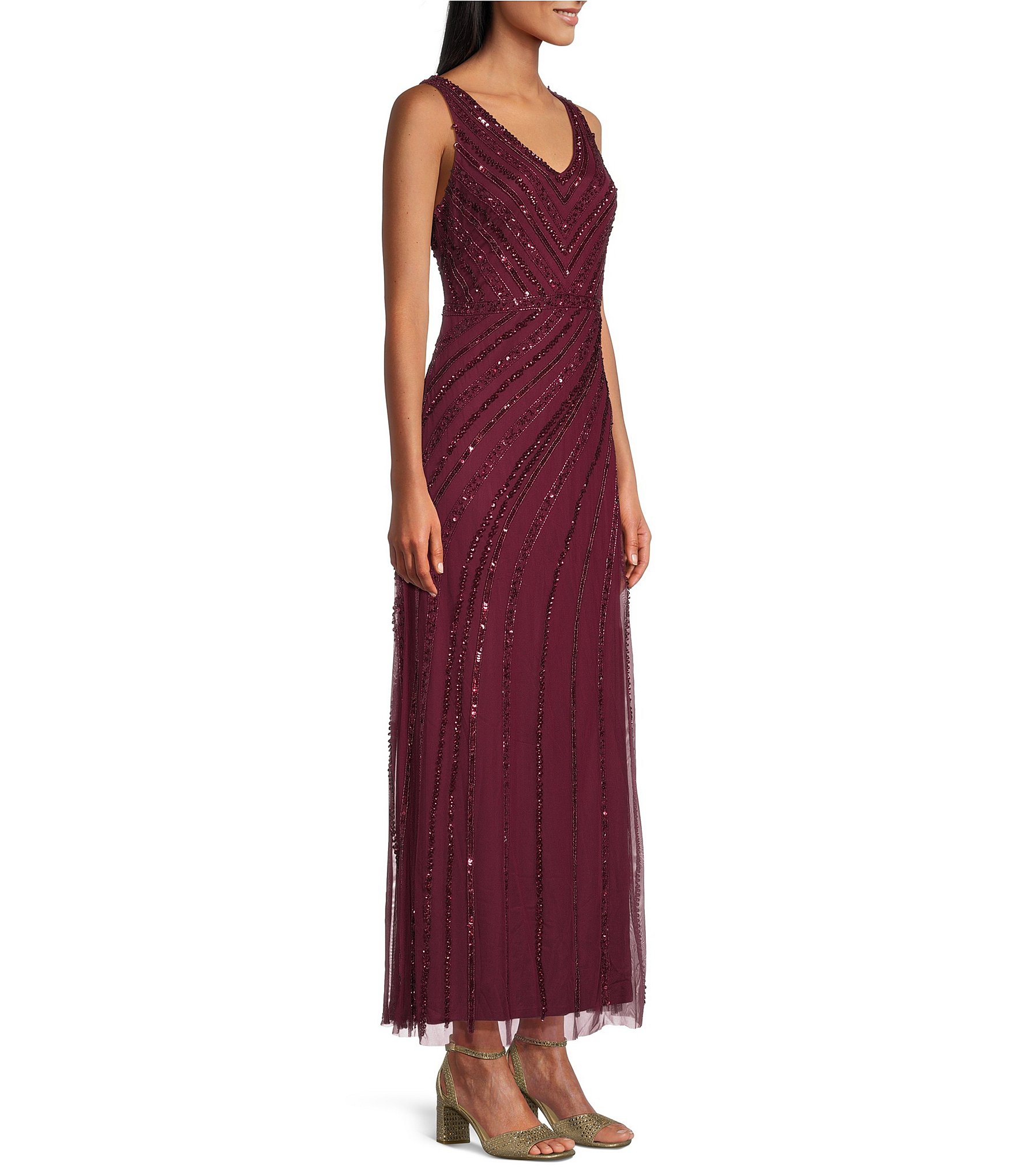 Oleg Cassini Beaded Mesh V-Neck Sleeveless Gown