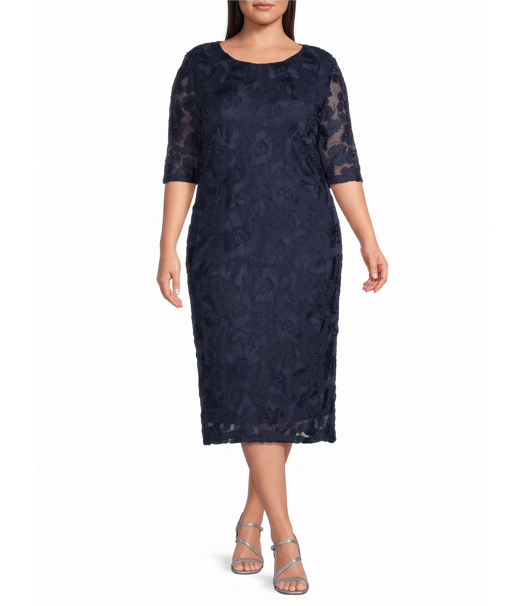 Oleg Cassini Plus Size Soutache Mesh Elbow Sleeve Midi Dress