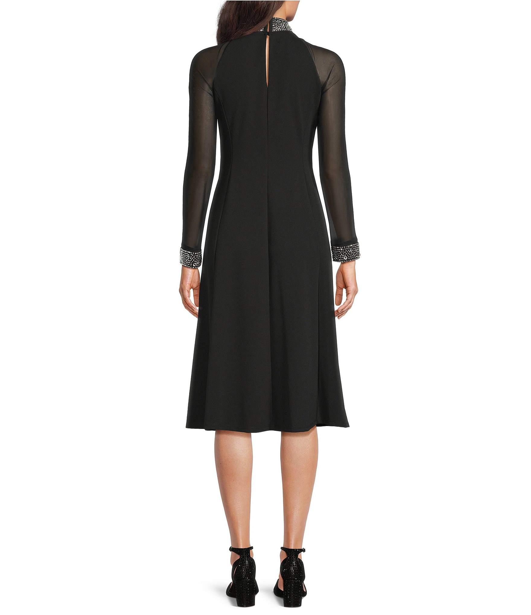 Oleg Cassini Scuba Crepe Beaded Mock Neck Sheer Long Sleeve A-Line Midi Dress