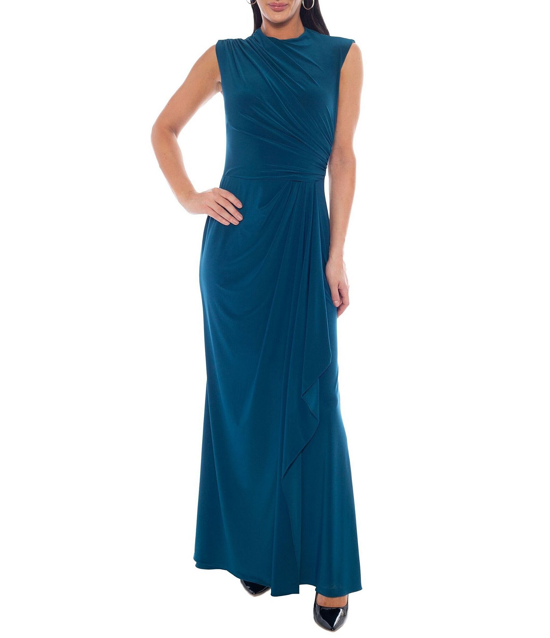Oleg Cassini Sleeveless Mock Neck Front Drape Long Dress