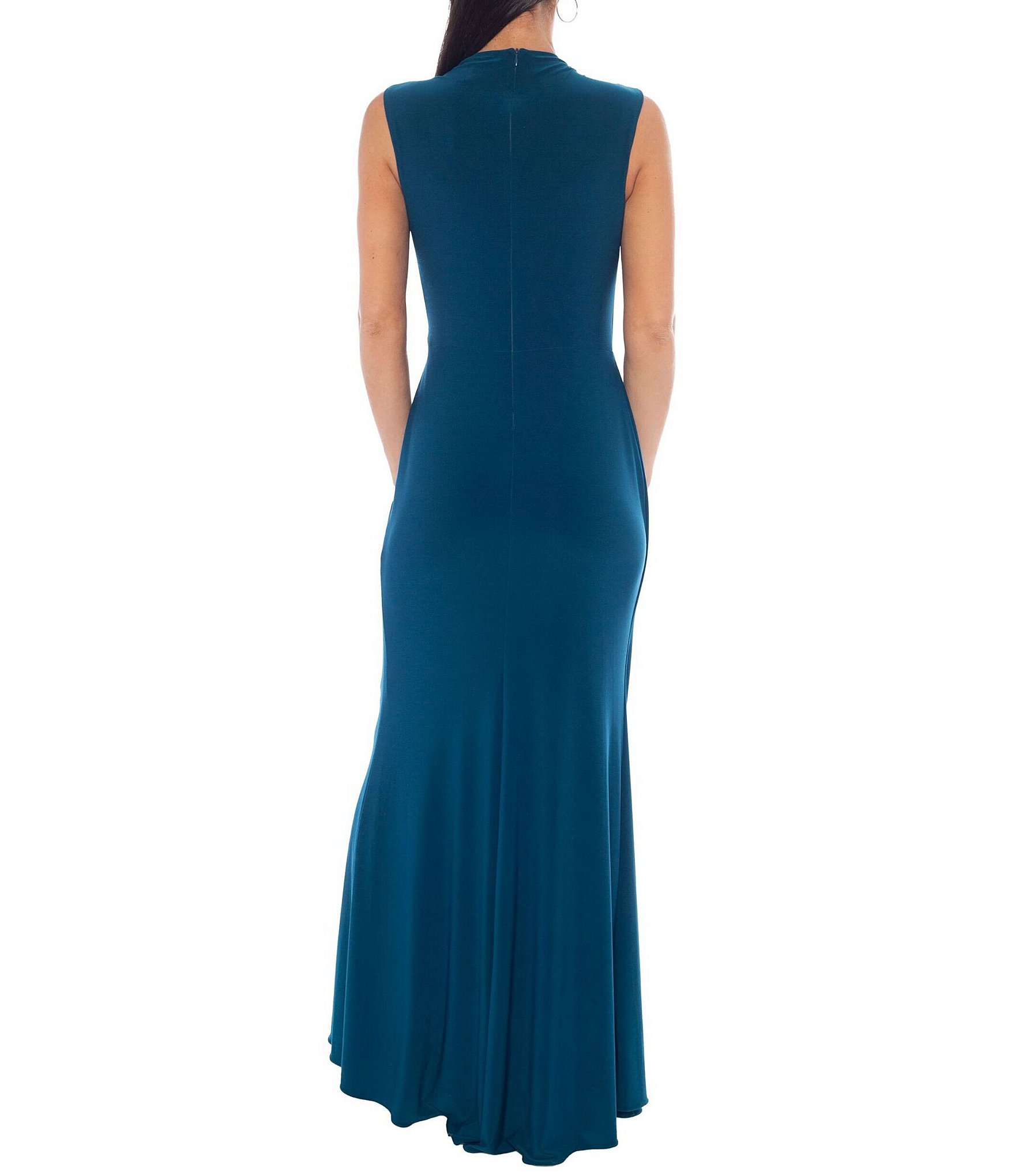 Oleg Cassini Sleeveless Mock Neck Front Drape Long Dress