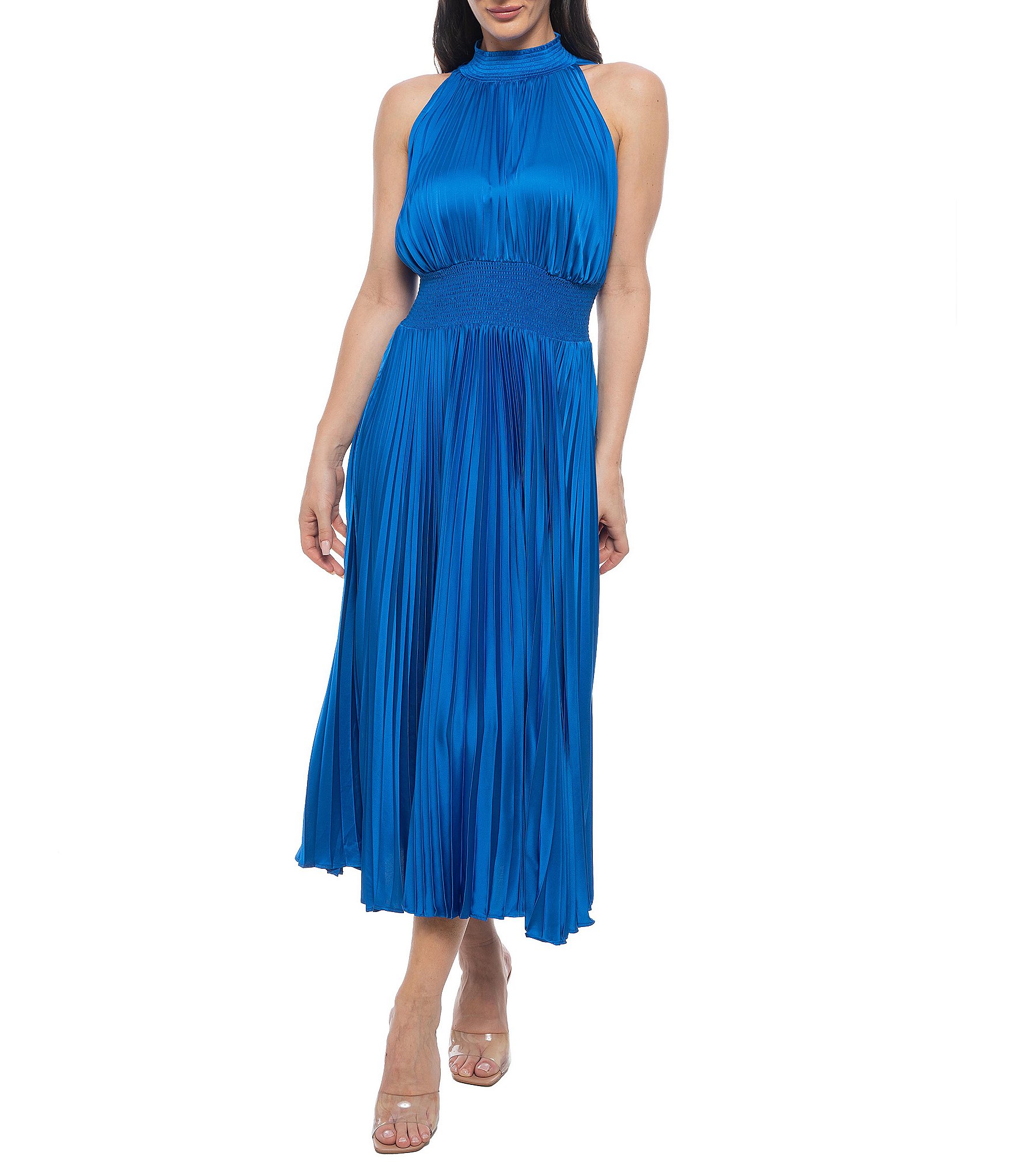 Oleg Cassini Sleeveless Pleated Halter Midi Dress