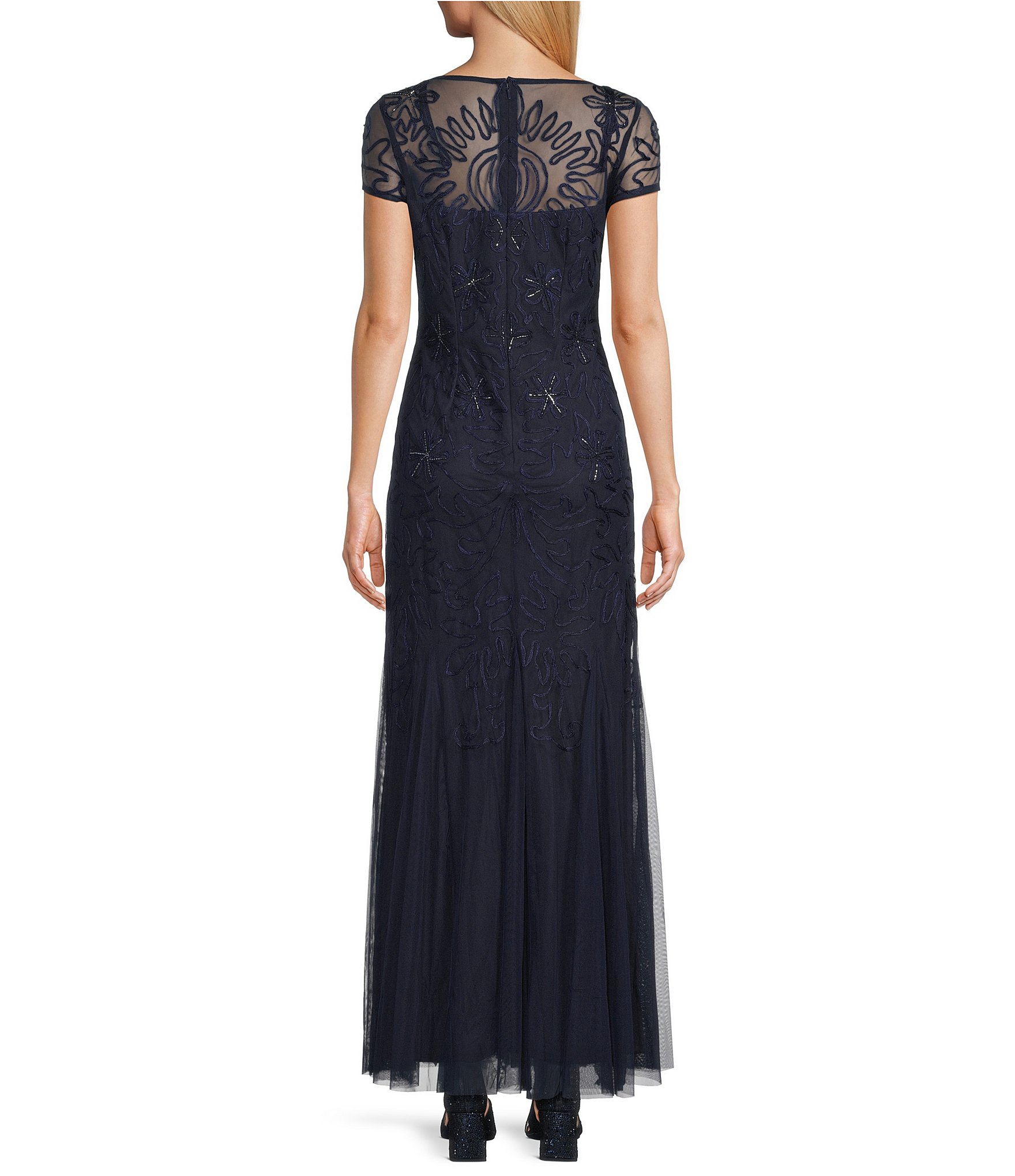 Oleg Cassini Soutache Illusion Cap Sleeve Crew Neck Gown