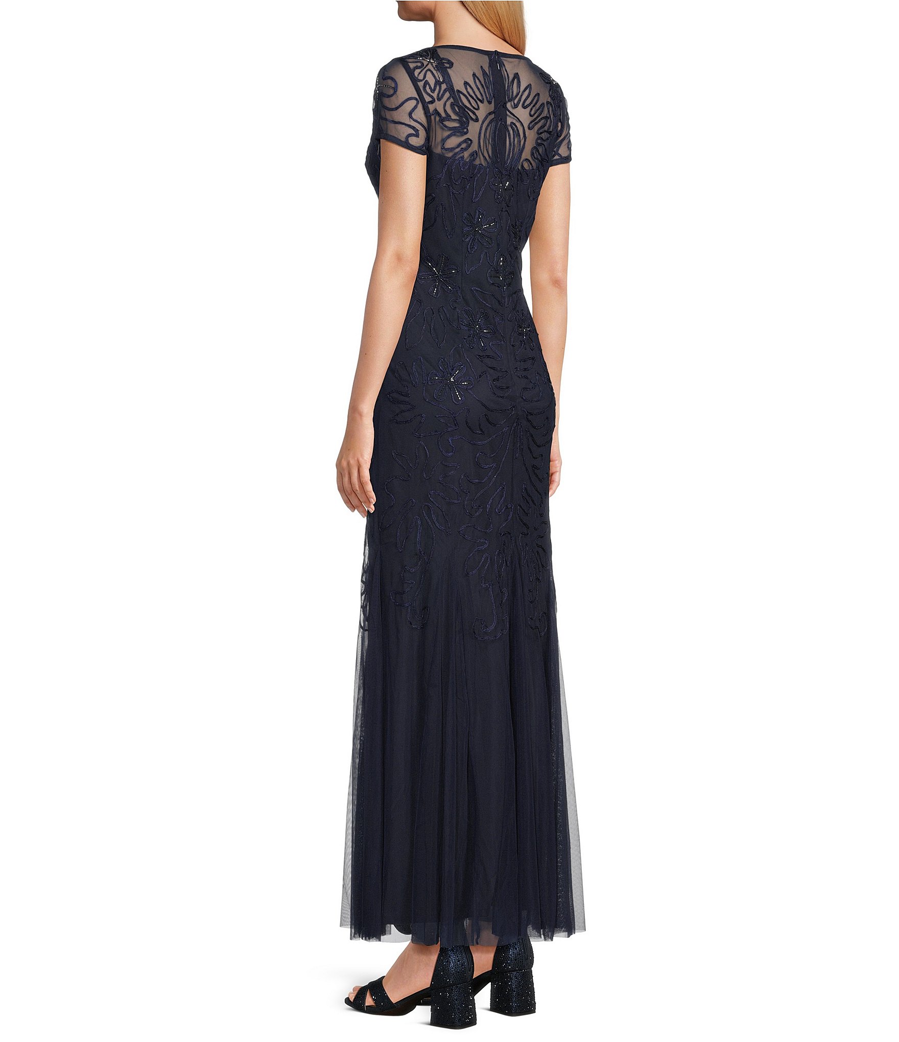 Oleg Cassini Soutache Illusion Cap Sleeve Crew Neck Gown
