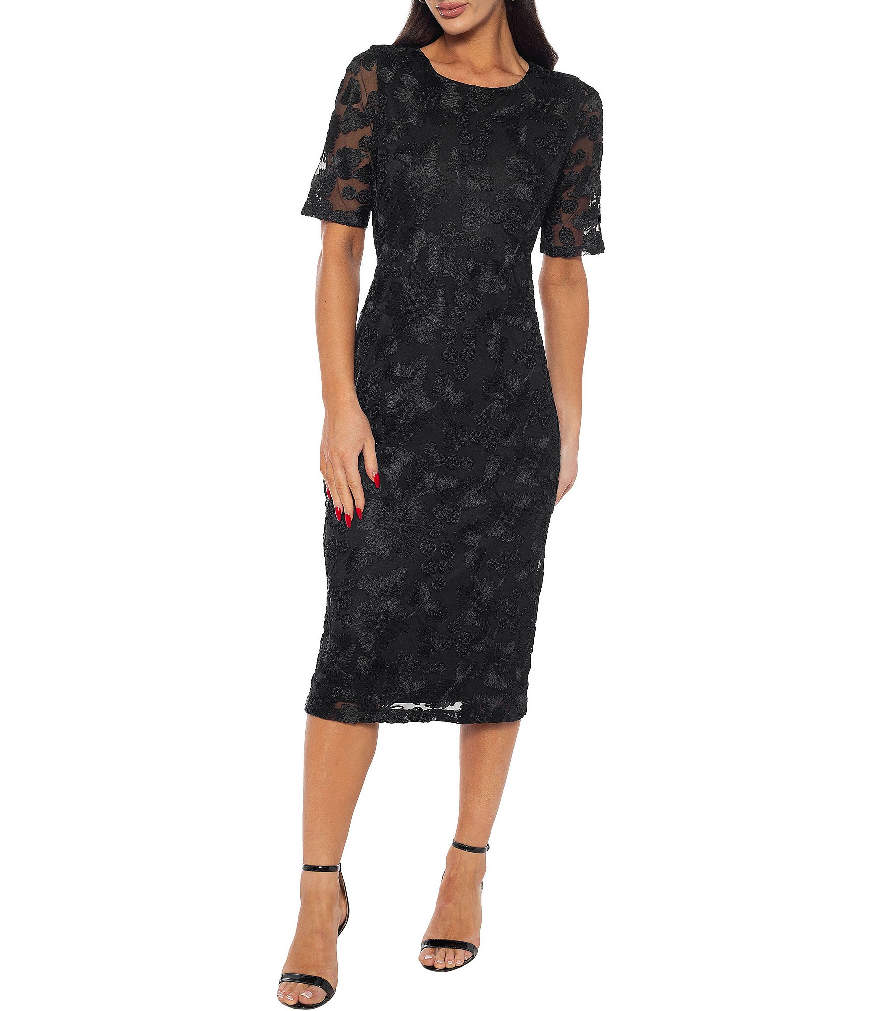 Oleg Cassini Soutache Mesh Elbow Sleeve Midi Dress