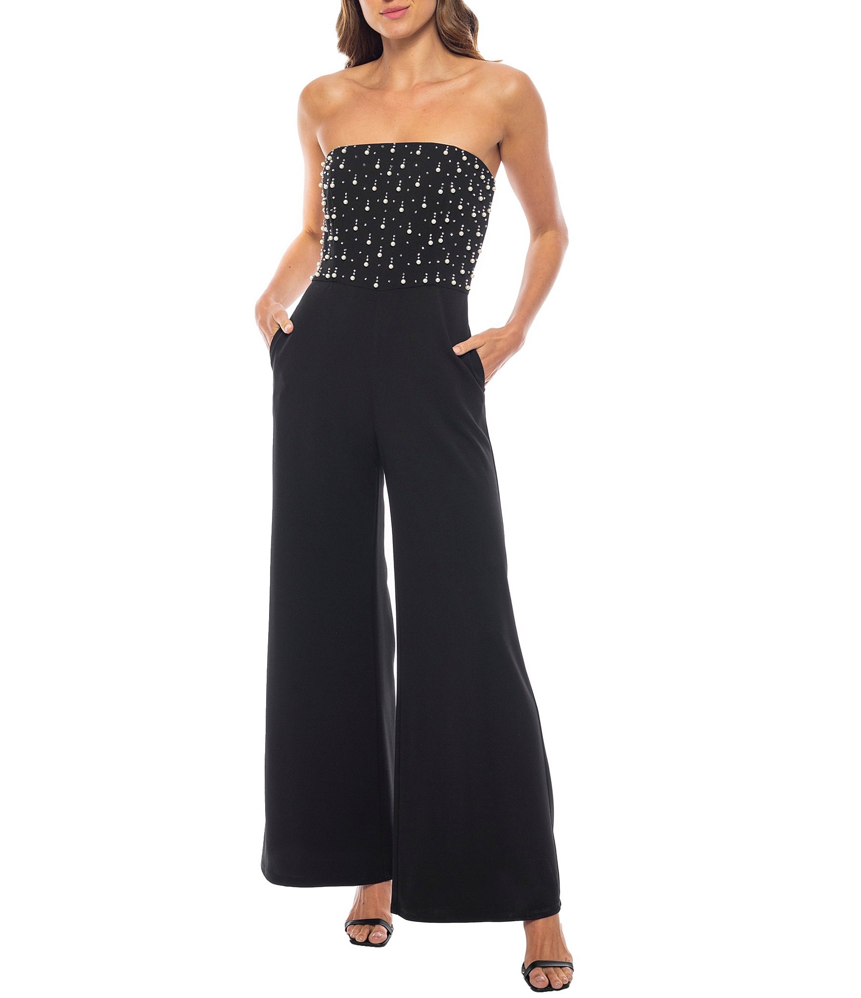 Oleg Cassini Strapless Beaded Bodice Scuba Crepe Jumpsuit