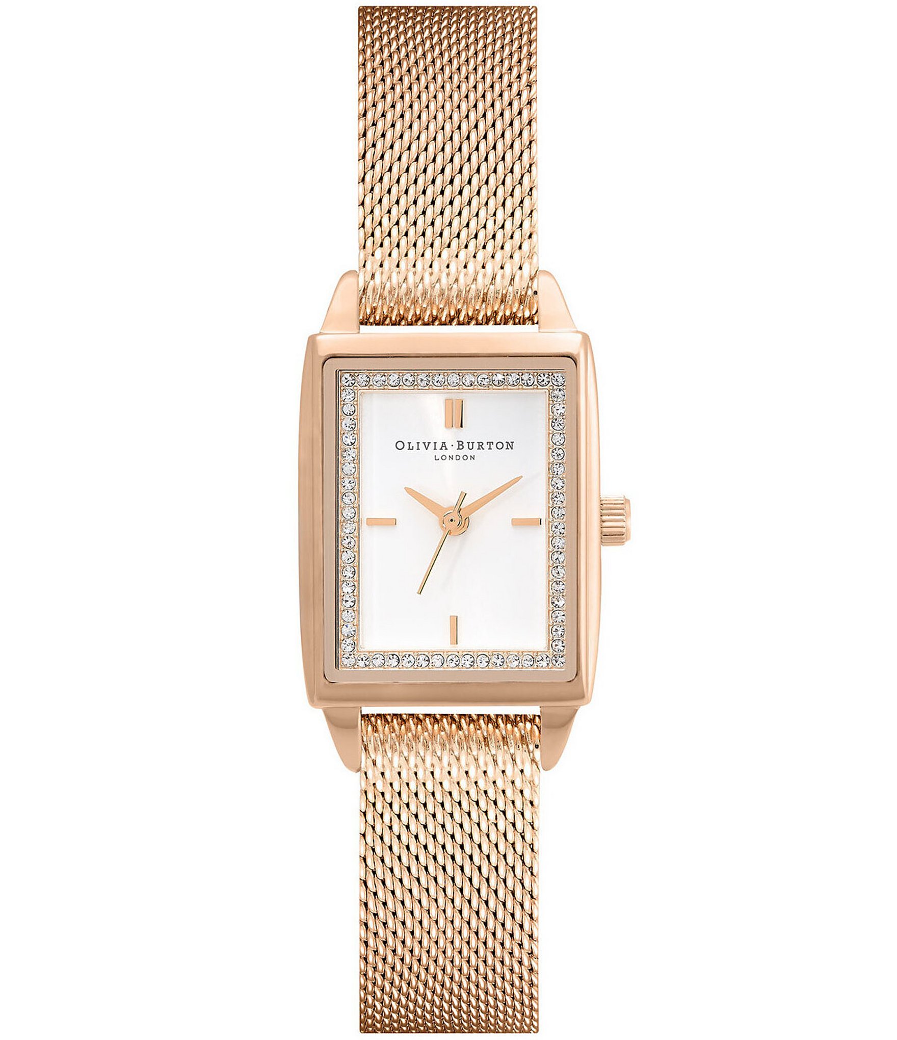 Olivia Burton Rectangle Quartz Analog White Dial Carnation Gold Stainless Steel Mesh Bracelet Watch