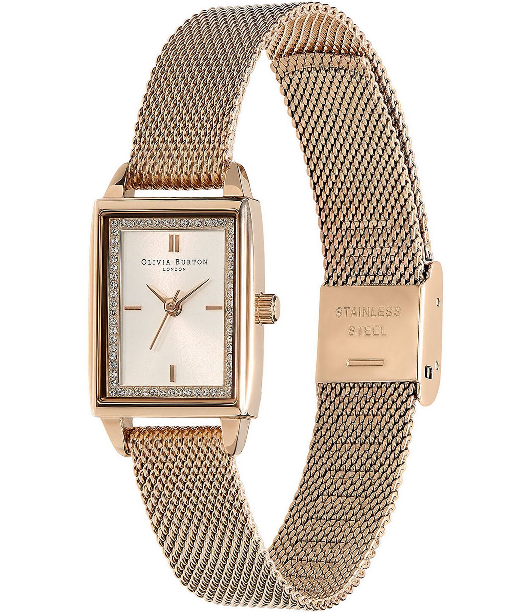 Olivia Burton Rectangle Quartz Analog White Dial Carnation Gold Stainless Steel Mesh Bracelet Watch