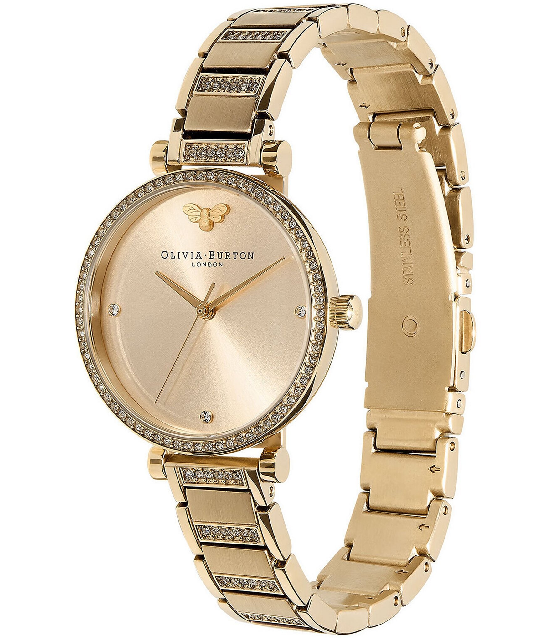 Olivia Burton T-Bar Quartz Analog Nude Dial Gold Stainless Steel Crystal Bracelet Watch