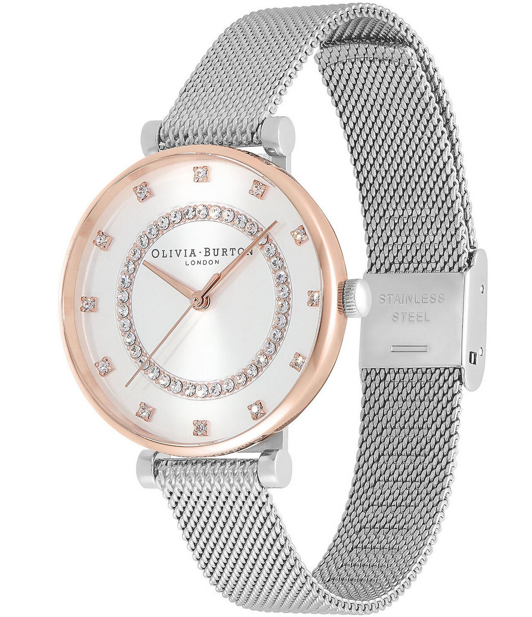 Olivia Burton T-Bar Quartz Analog Two-Tone Stainless Steel Mesh Watch