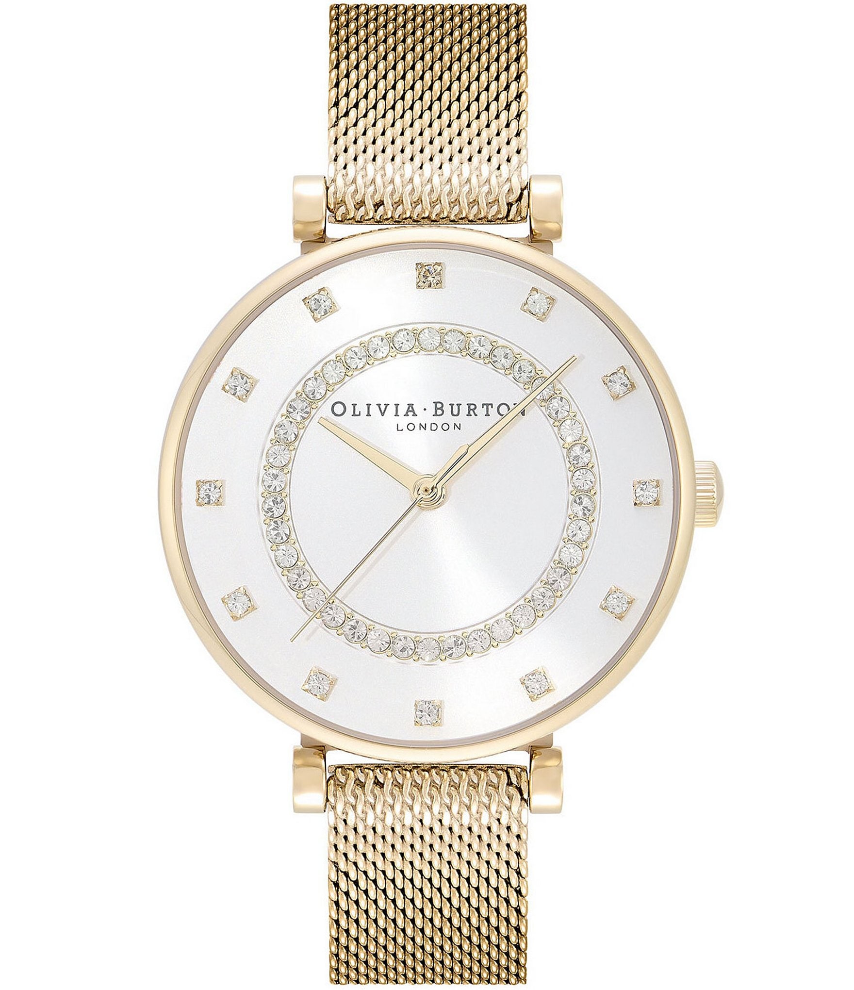 Olivia Burton T-Bar Quartz Analog White & Gold Mesh Stainless Steel Watch