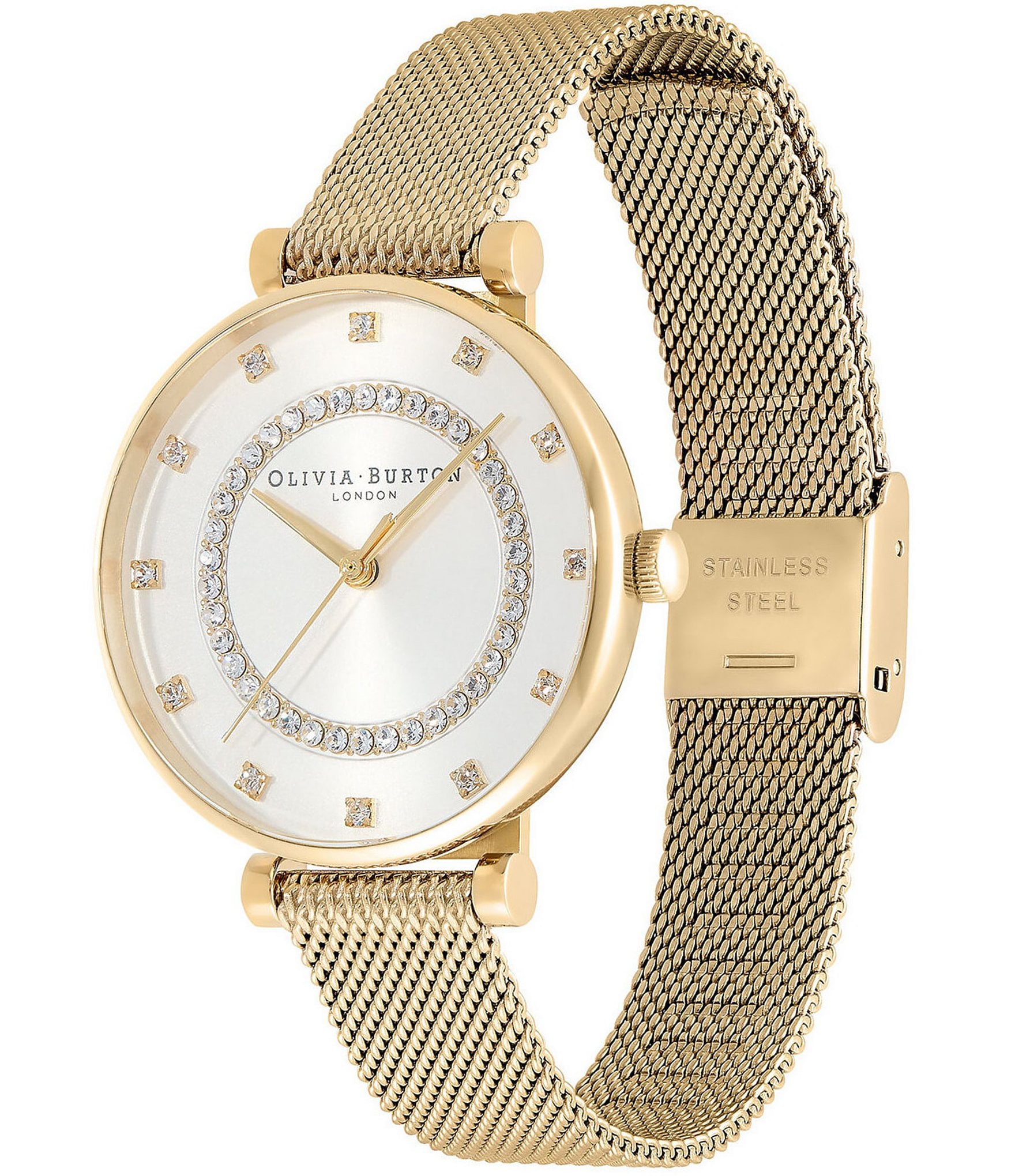 Olivia Burton T-Bar Quartz Analog White & Gold Mesh Stainless Steel Watch