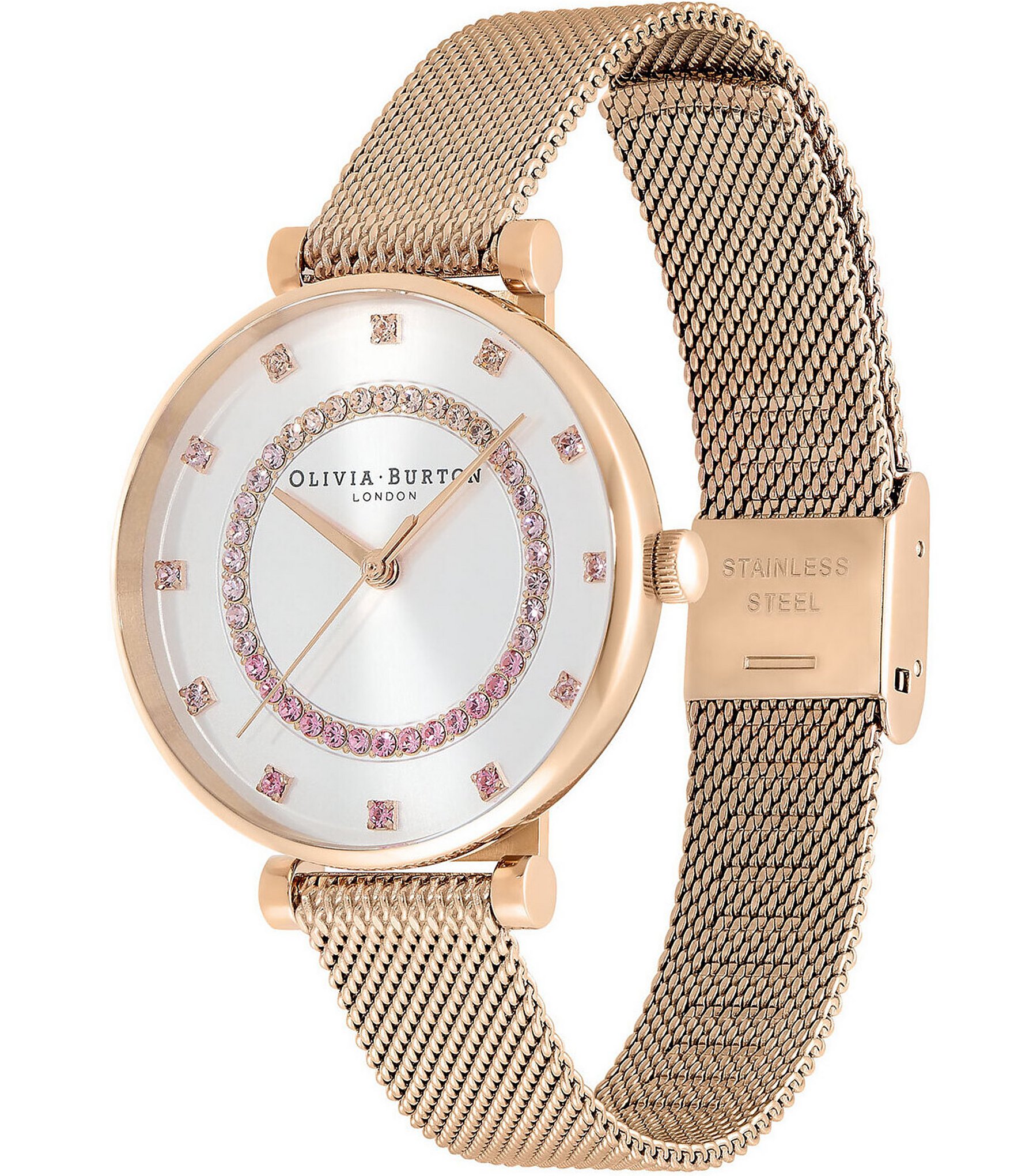 Olivia Burton T-Bar Quartz Analog White Dial Carnation Gold Stainless Steel Mesh Strap Watch