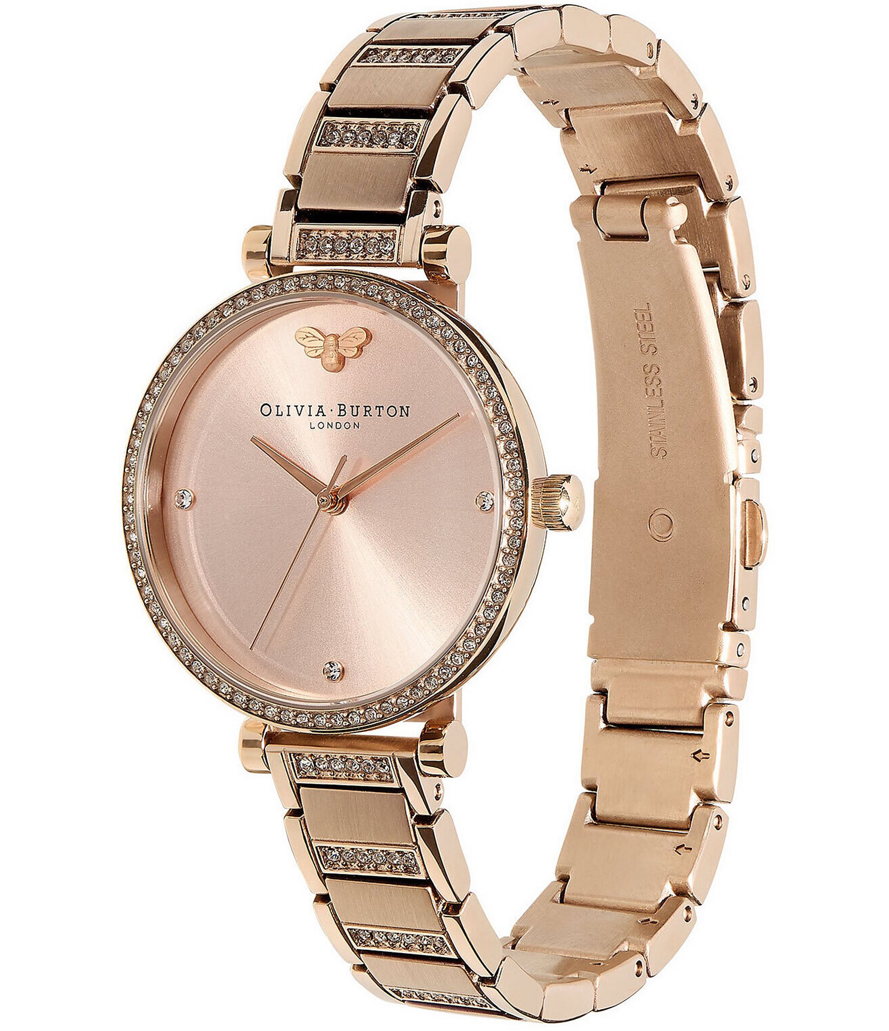 Olivia Burton T-Bar Quartz Analog Blush Dial Carnation Gold Stainless Steel Bracelet Watch