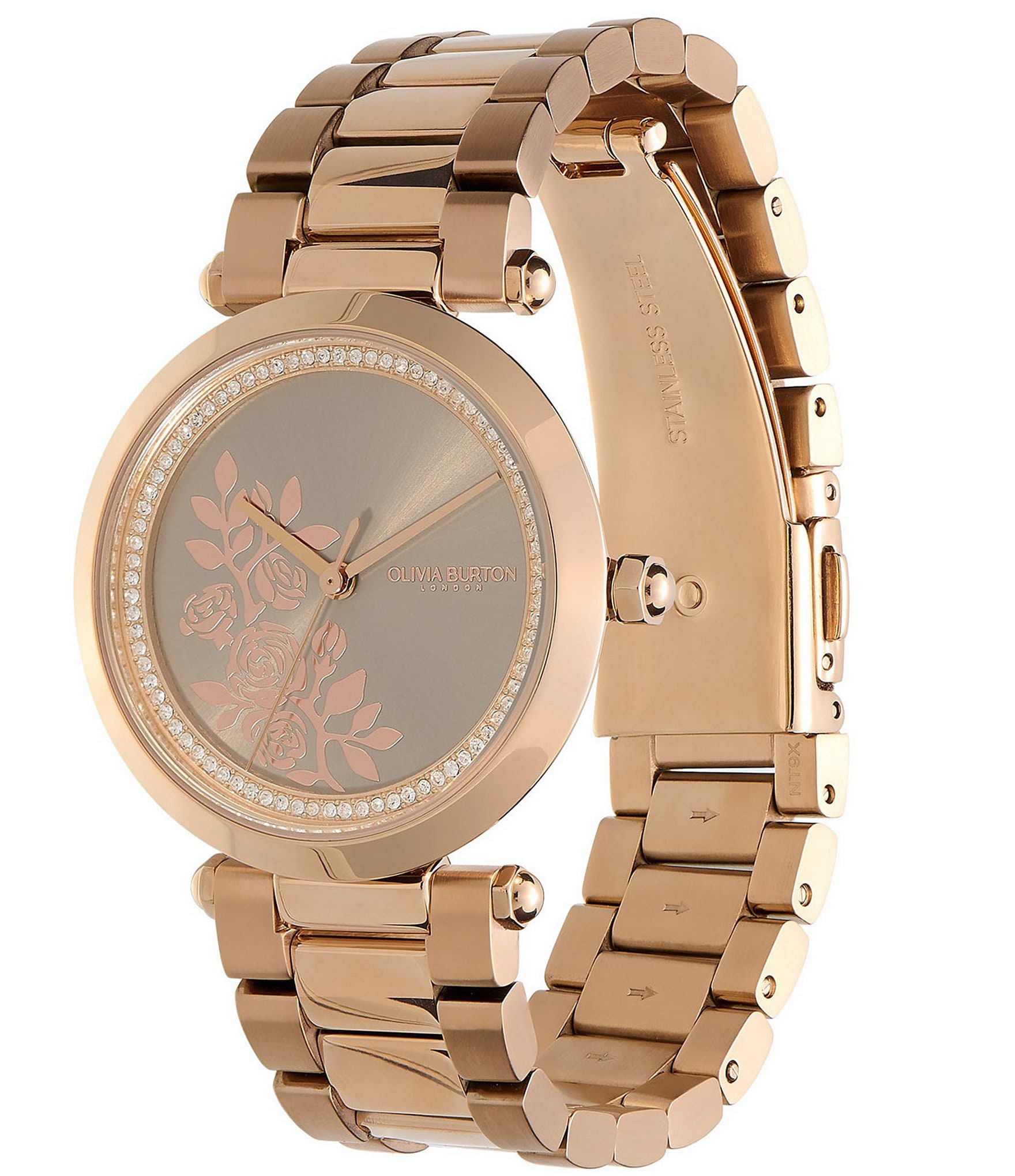 Olivia Burton Women's Floral T-Bar Quartz Analog Carnation Gold Stainless Steel Bracelet Watch