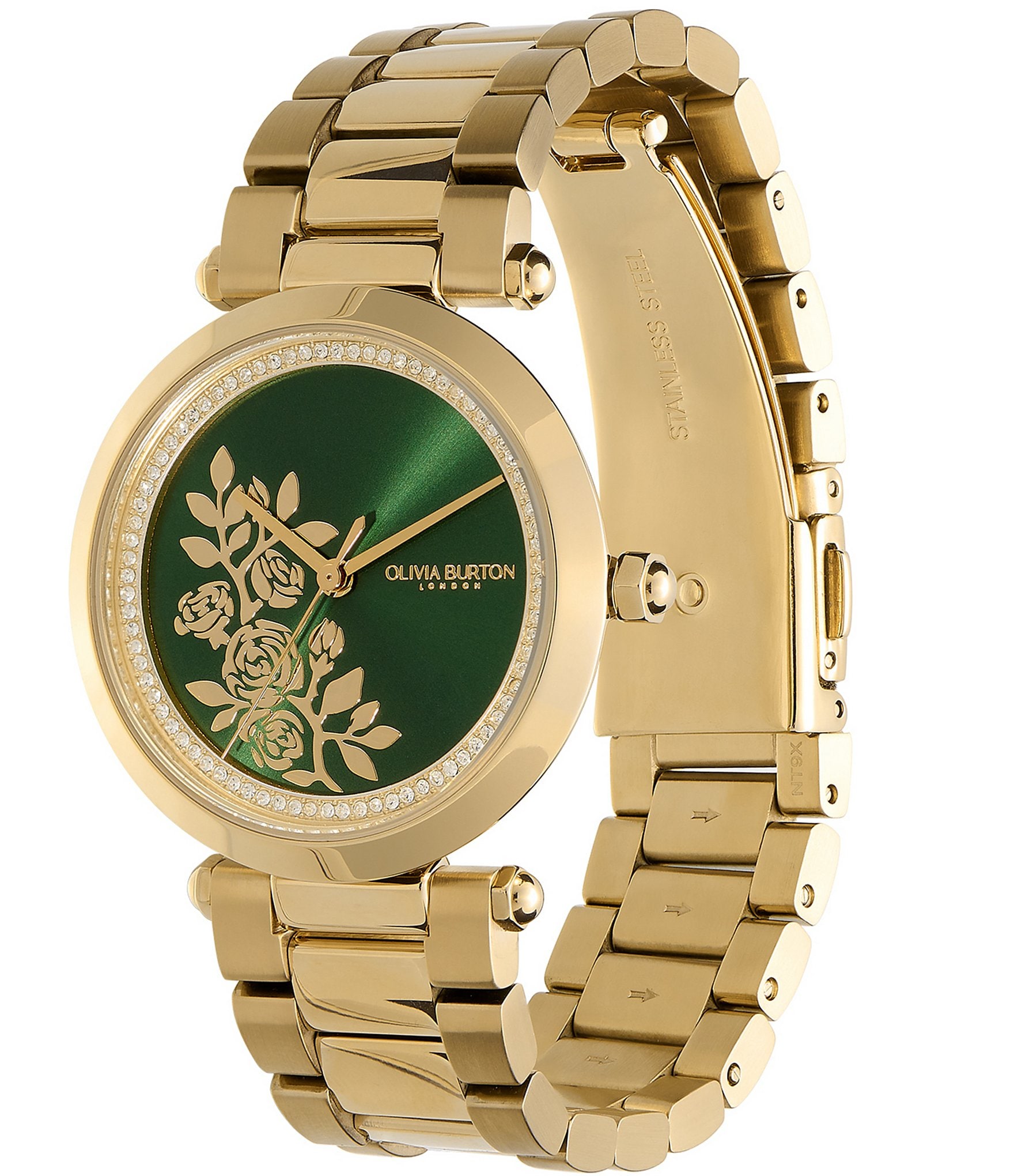 Olivia Burton Women's Floral T-Bar Quartz Analog Gold Stainless Steel Bracelet Watch