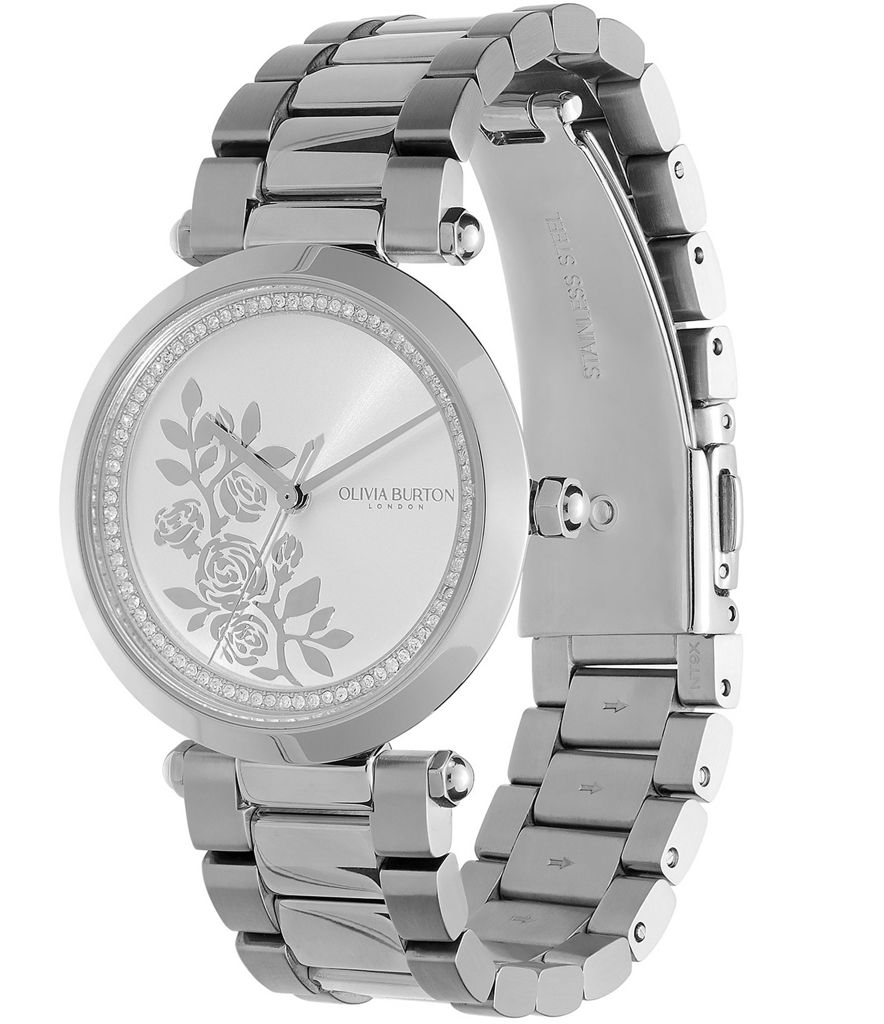 Olivia Burton Women's Floral T-Bar Quartz Analog Stainless Steel Bracelet Watch