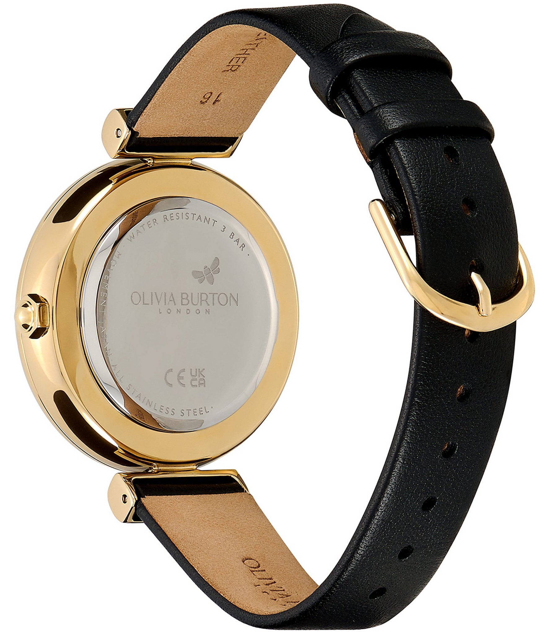 Olivia Burton Women's Minima Bee T-Bar Gold & Black Leather Strap Watch