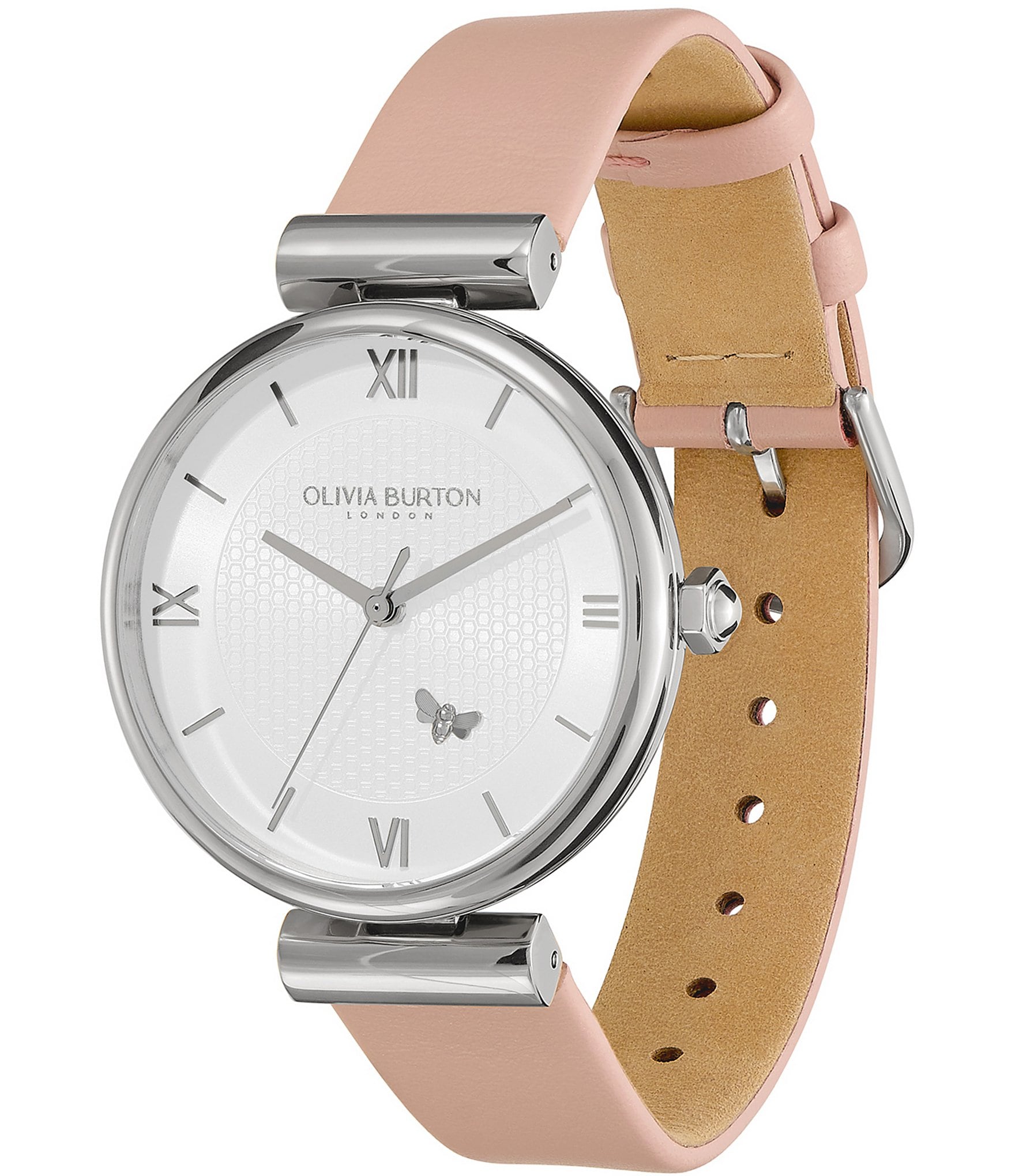 Olivia Burton Women s Minima Bee T Bar Silver White Blush Leather Strap Watch The Shops at Willow Bend