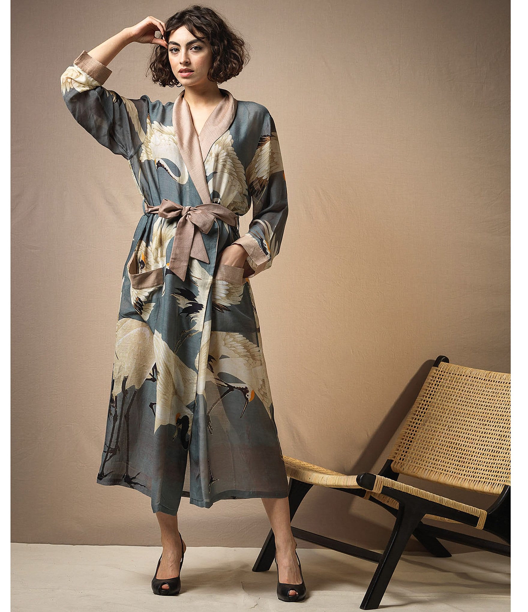 One Hundred Stars Stork Sky Print Woven Shawl Collar Long Sleeve Tie Waist Wrap Robe