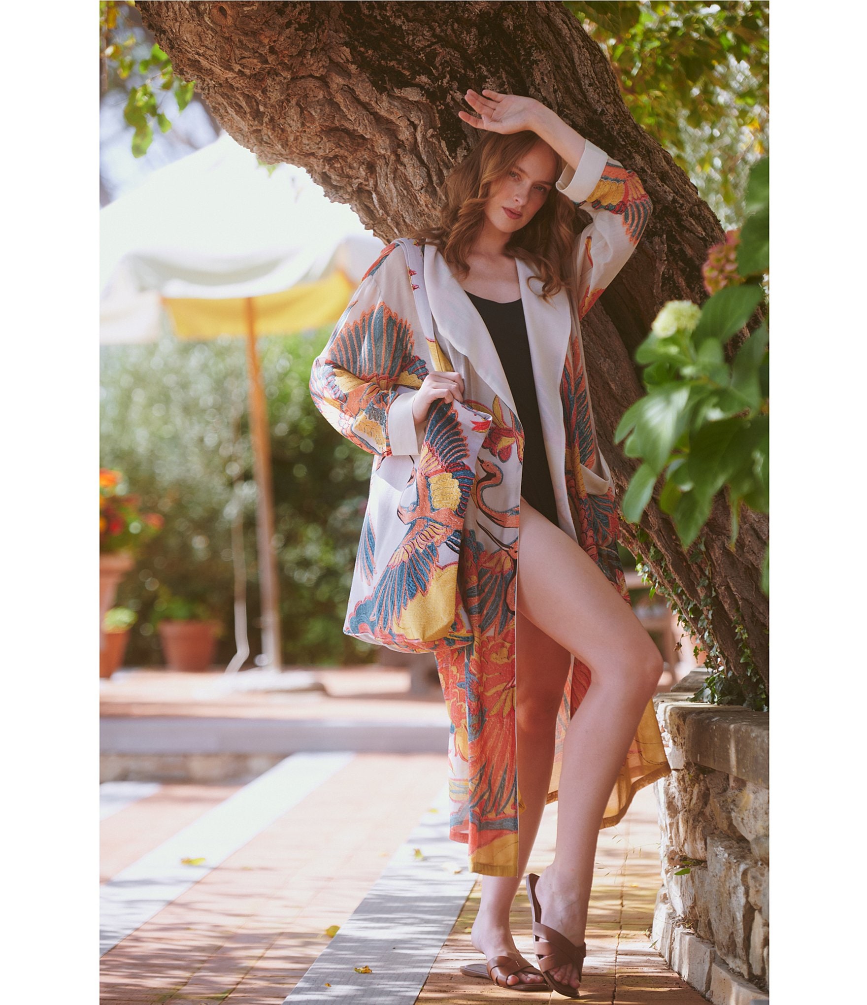 One Hundred Stars Woven Crane Print Long Sleeve Wrap Robe