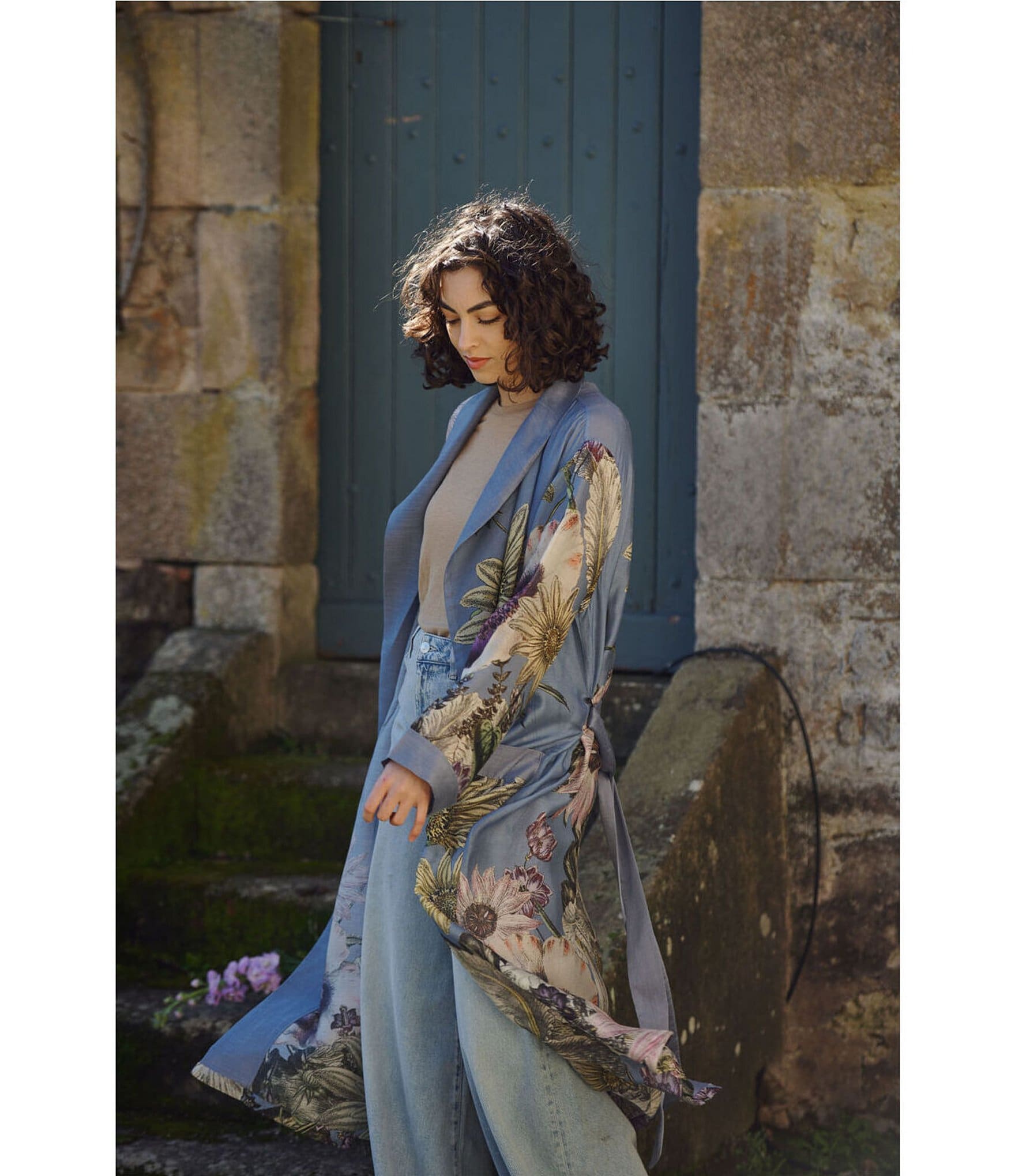 One Hundred Stars Woven Daisy Print Long Sleeve Wrap Robe