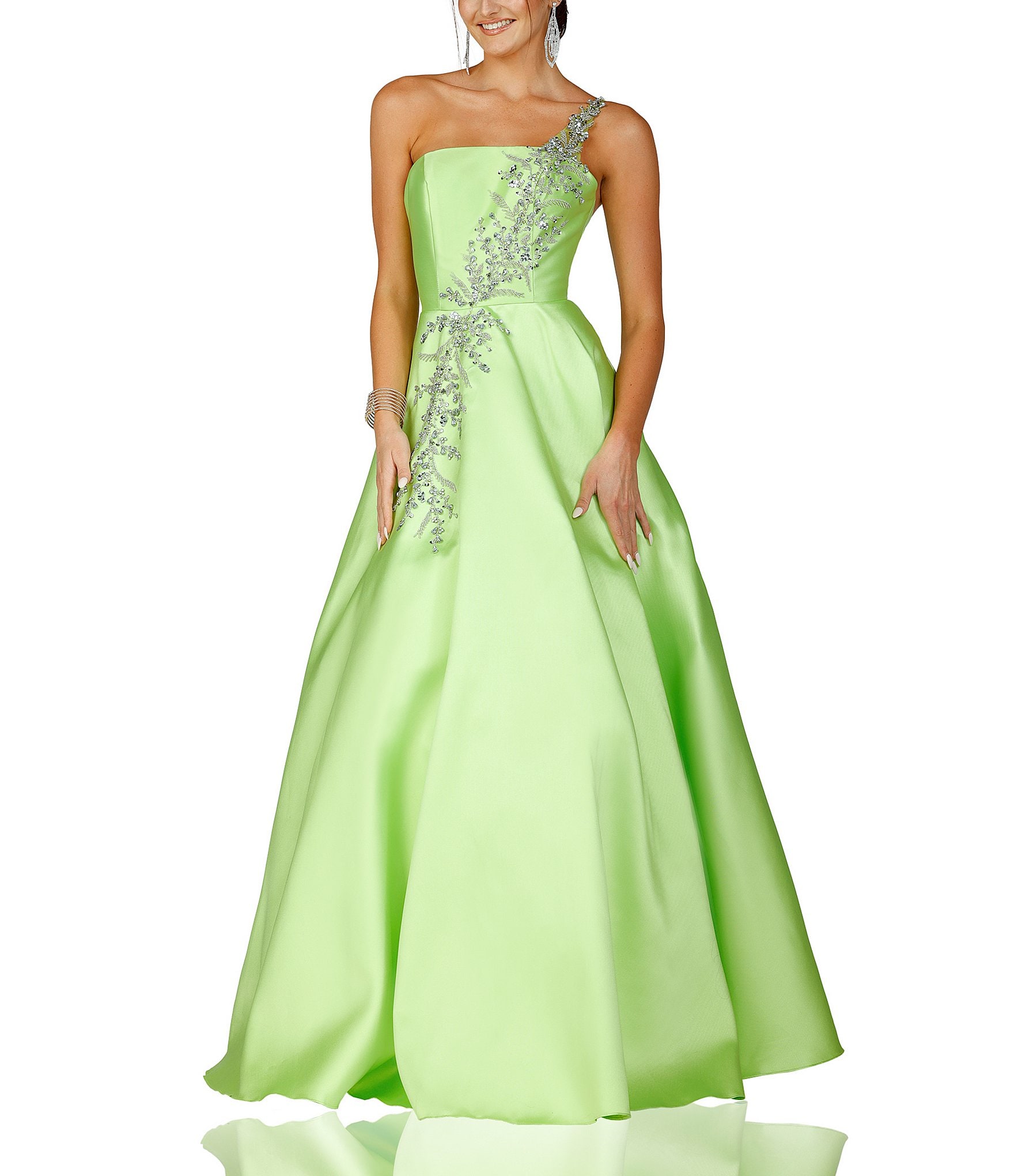 Eliza J Surplice V-Neck Floral Print Sleeveless Bow Belt Ball Gown |  Dillard's | Ball gowns, Gowns, Organza skirt