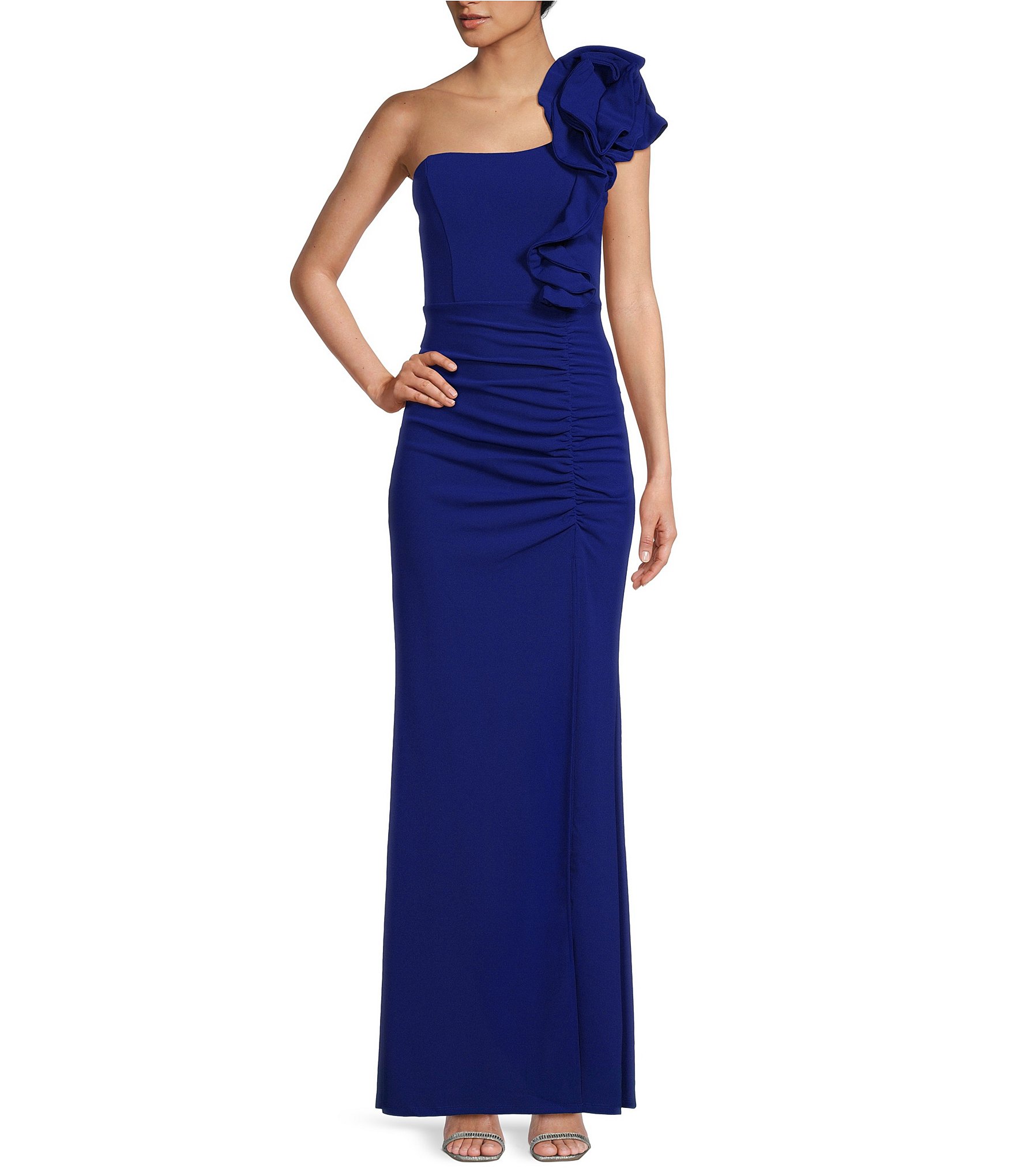 Honey and Rosie One Shoulder Ruffle Ruched Side Slit Long Dress | Dillard's