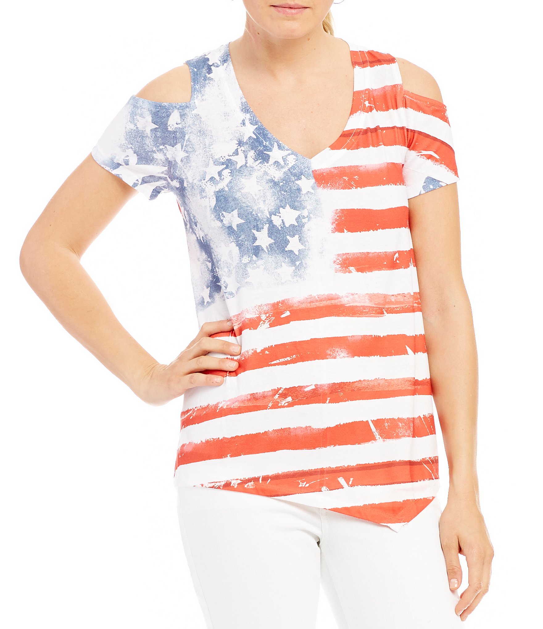 One World Apparel Cold-Shoulder American Flag All-Over Print Top | Dillards