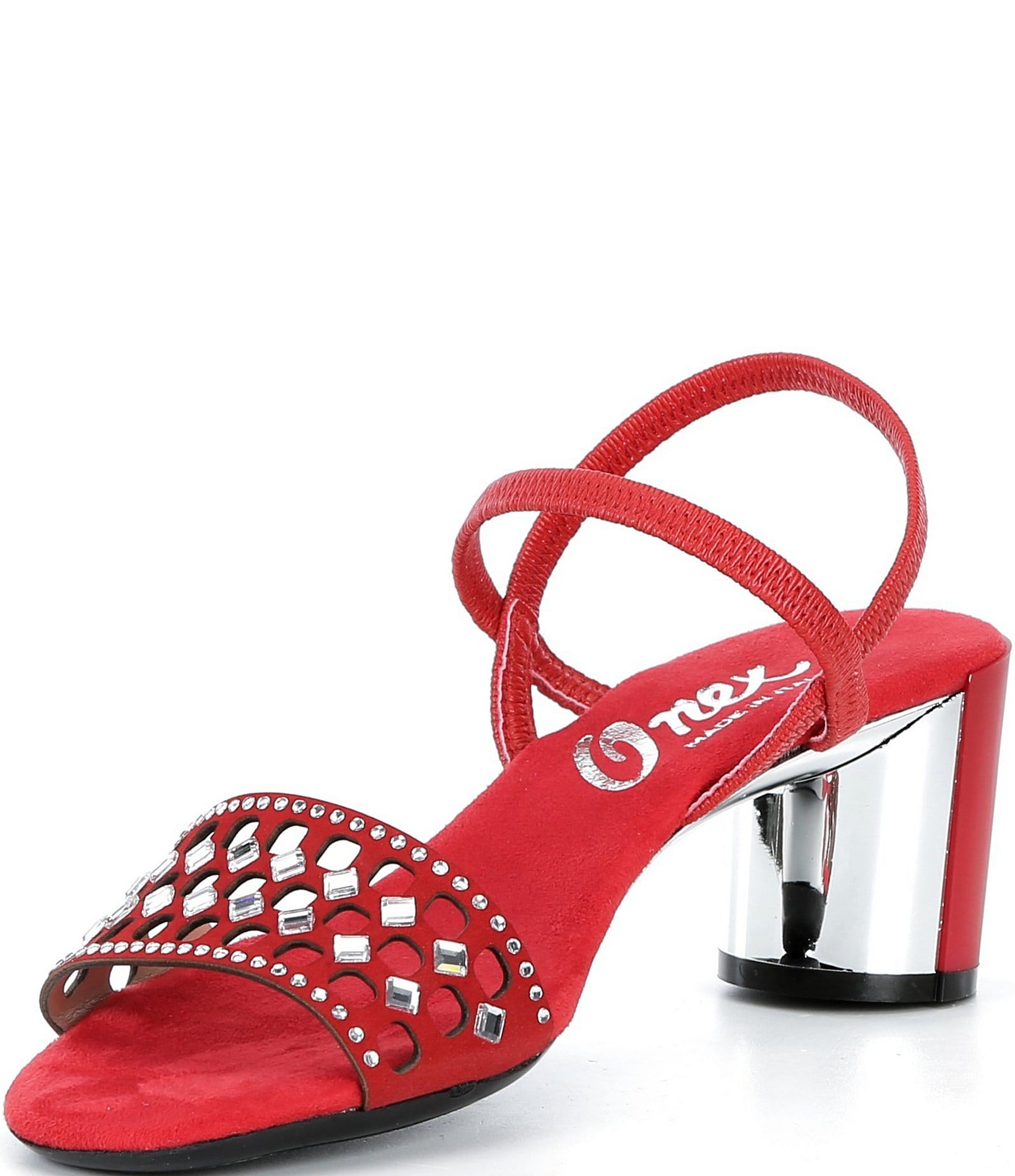 Onex Jaime Crystal Embellished Leather Ankle Strap Block Heel Dress Sandals