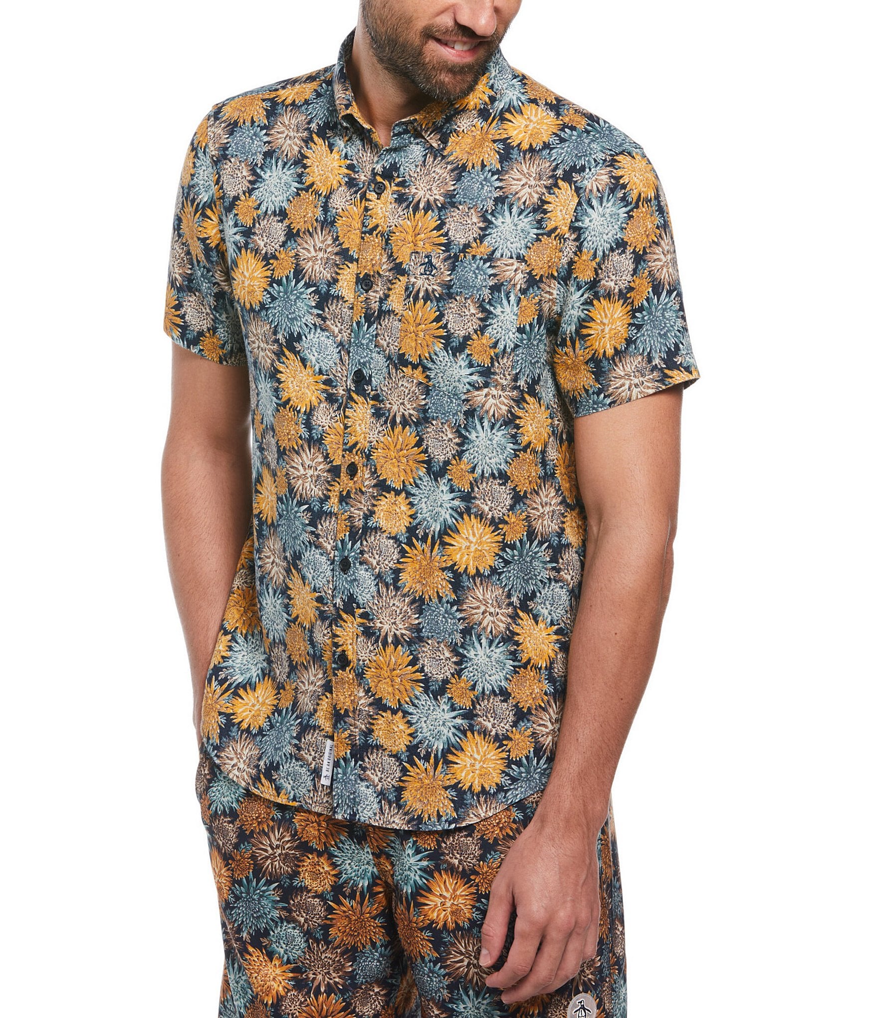 Original Penguin Linen Floral Print Short Sleeve Woven Shirt | Dillard's