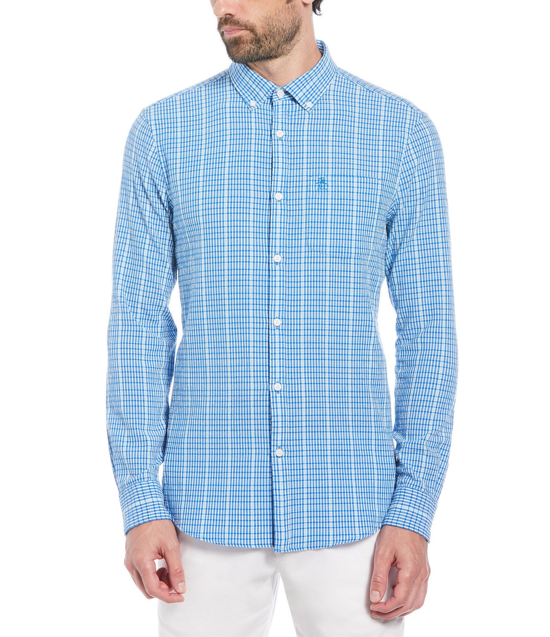 Original Penguin Seersucker Plaid Long Sleeve Woven Shirt