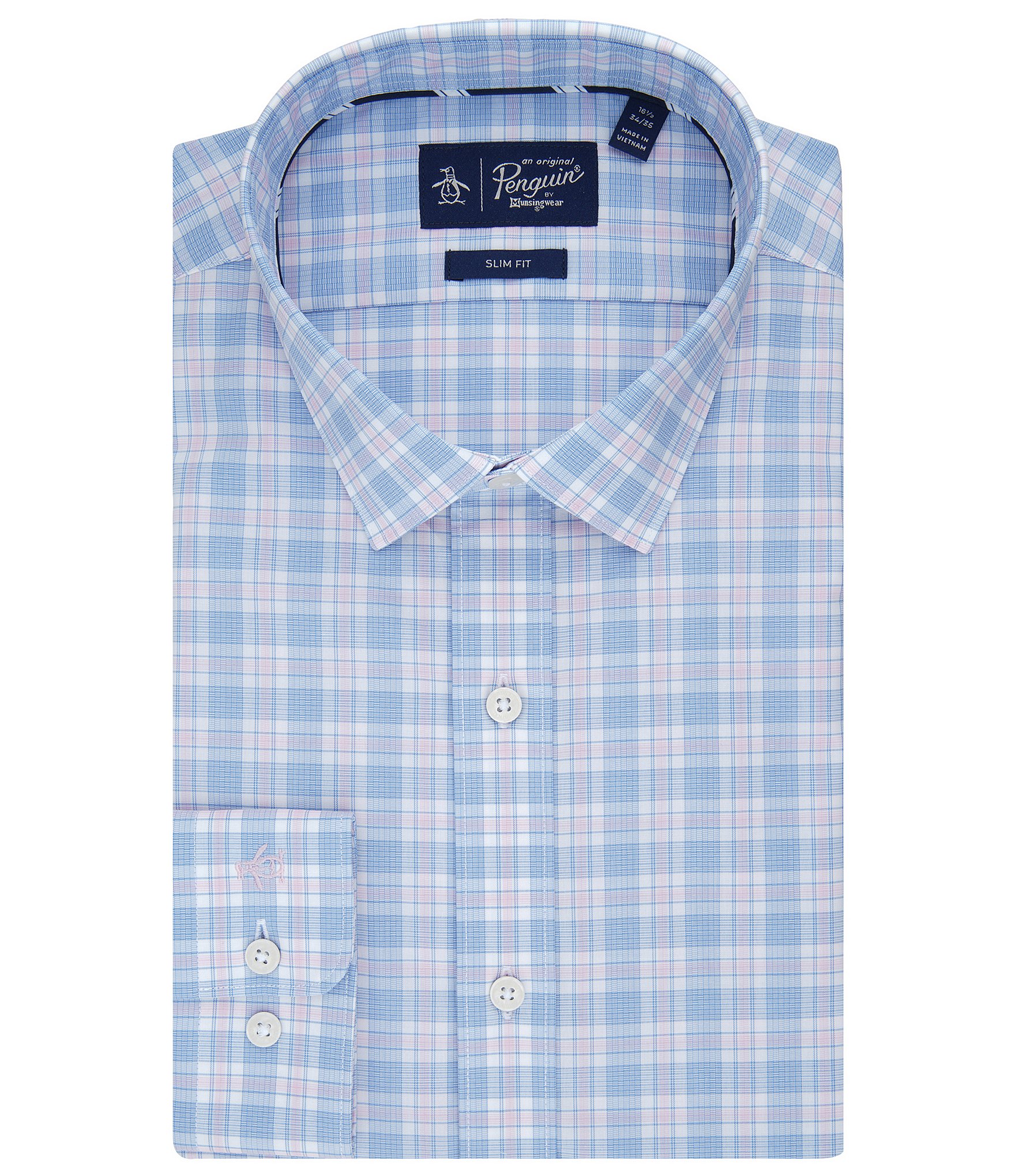 Original Penguin Slim Fit Stretch Spread Collar Plaid Poplin Dress Shirt