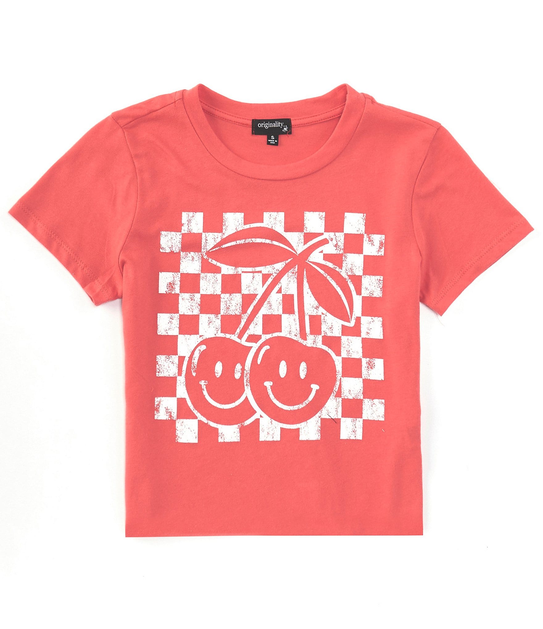 Originality Big Girls 7-16 Short-Sleeve Cherry Smiley Checker Cropped T-Shirt