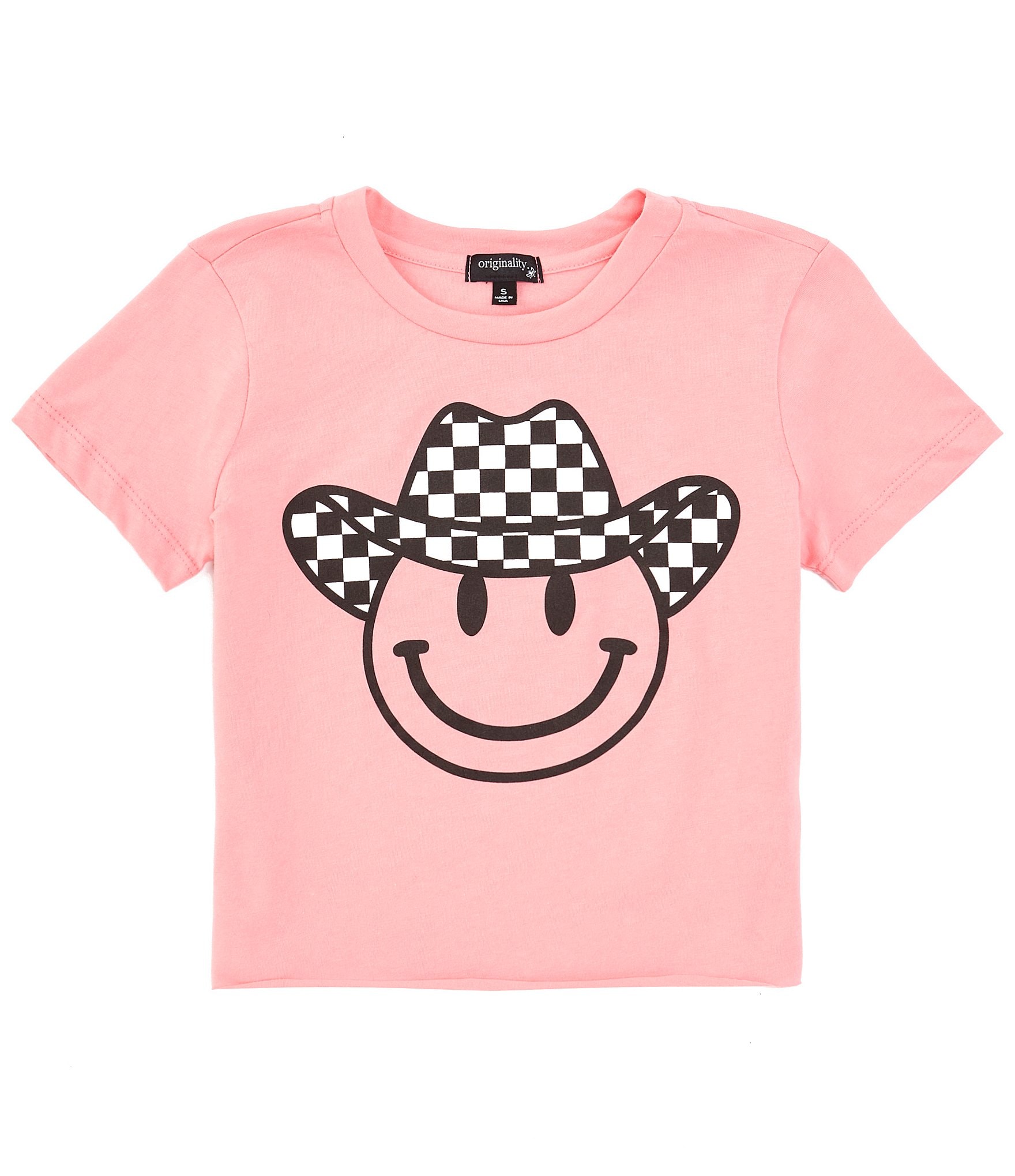 Originality Big Girls 7-16 Short Sleeve Graphic Smiley Check Cowboy Cropped T-Shirt