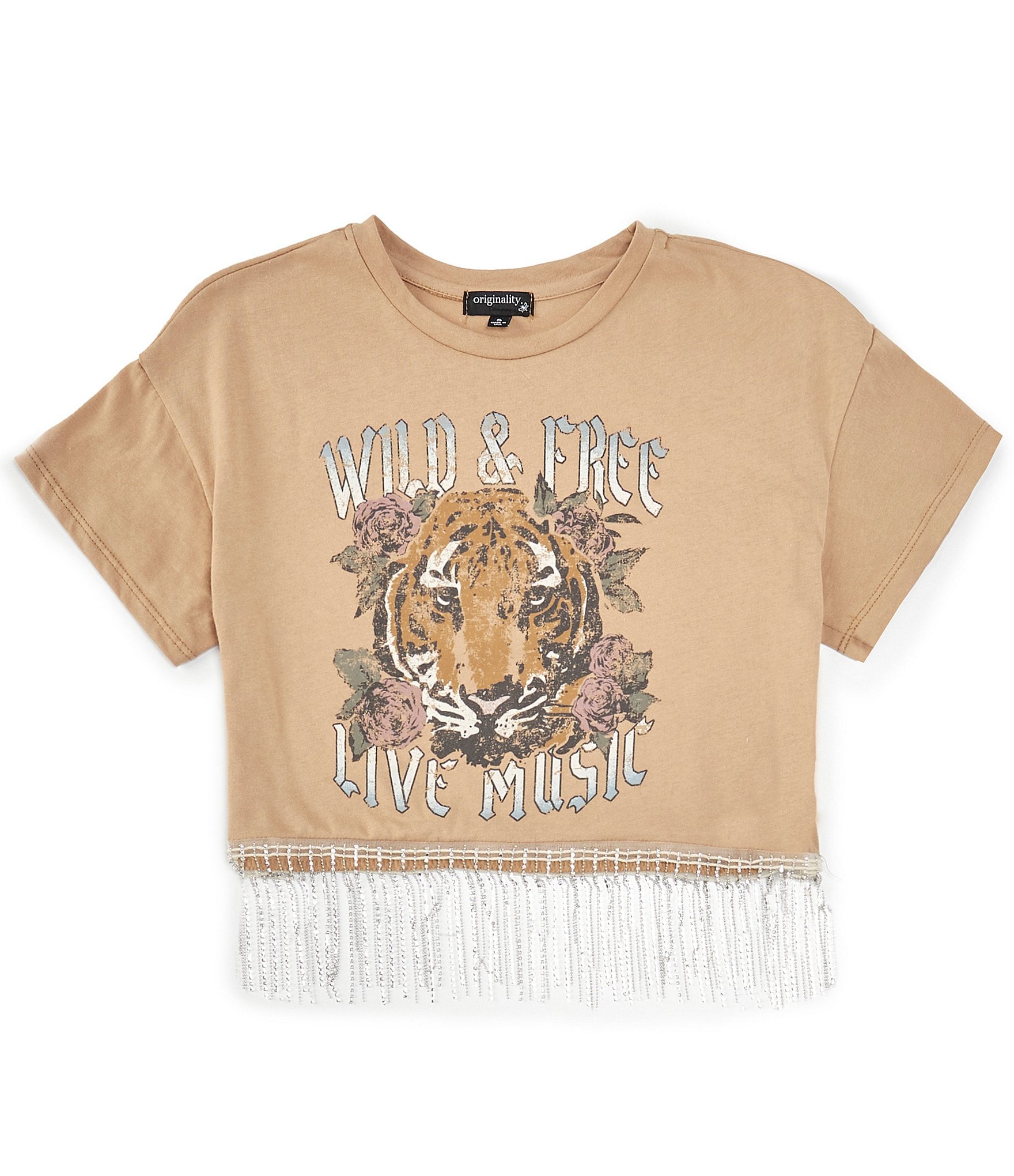 Originality Big Girls 7-16 Short Sleeve Wild & Free Tiger Live Music Rhinestone Fringe Trim T-Shirt