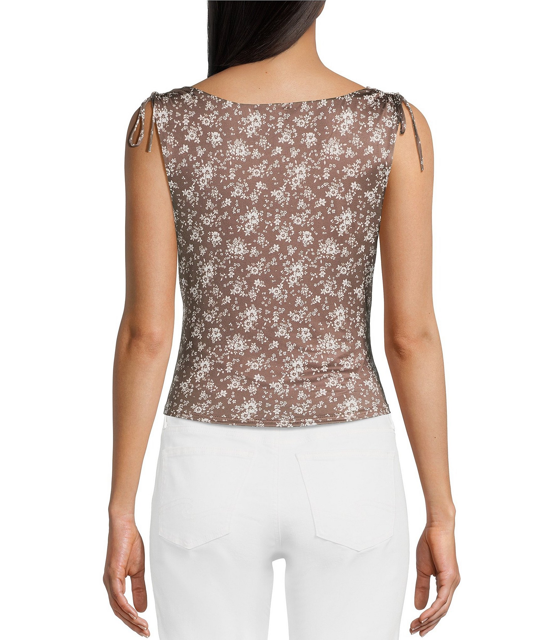 Originality Ditsy Floral Printed Lace Cowl Neck Tie Shoulder Top