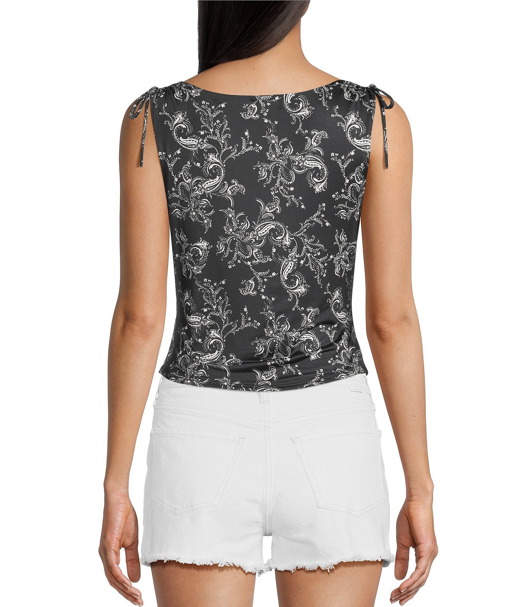 Originality Printed Cowl Neck Tie Shoulder Top