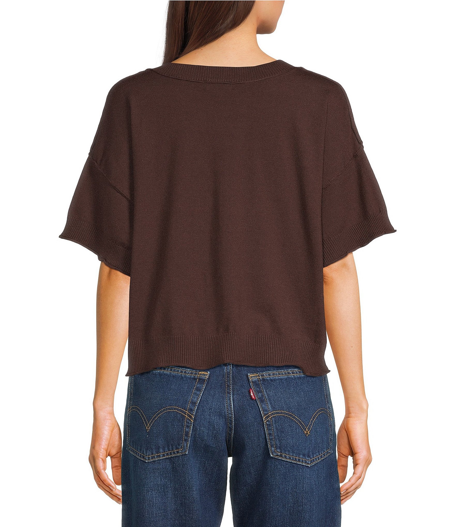 Originality Solid Short Sleeve Cropped Boxy Sweater Top