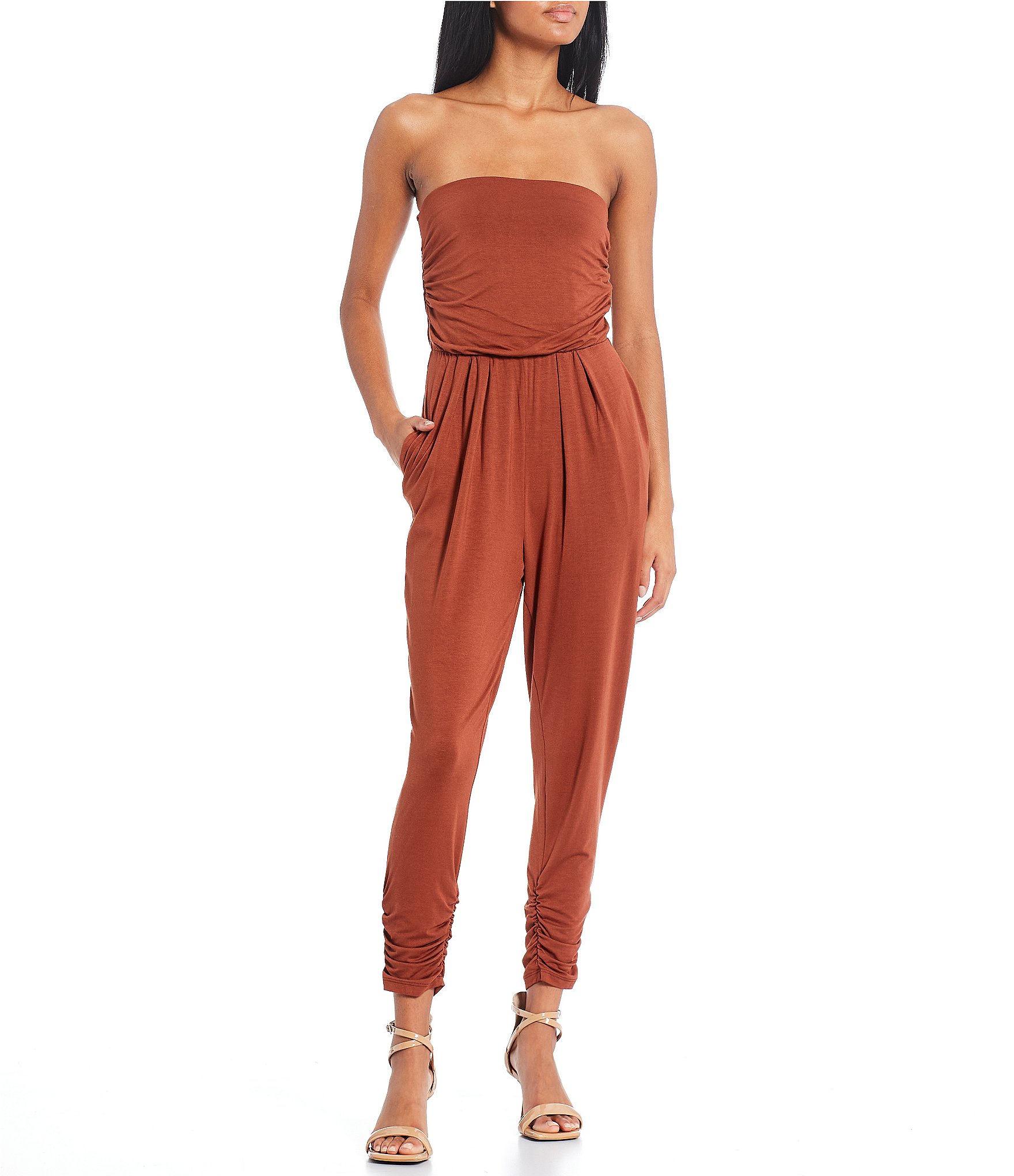 Strapless Buckle Jumpsuit - Brown - Pomelo Fashion
