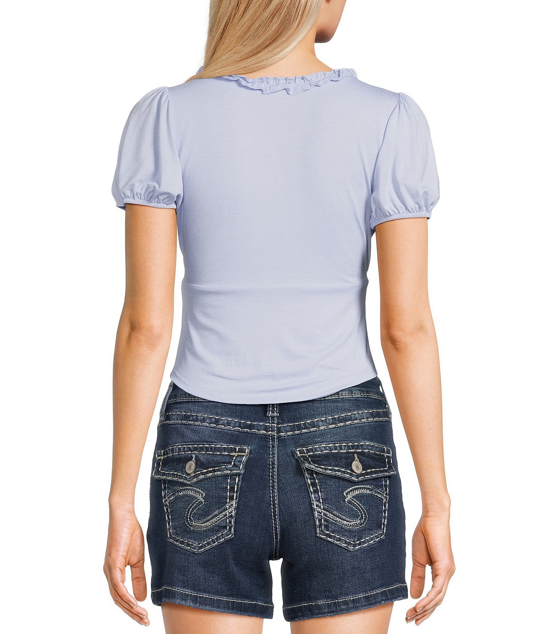 Originality V-Neck Short Puff Sleeve Ruffle Top