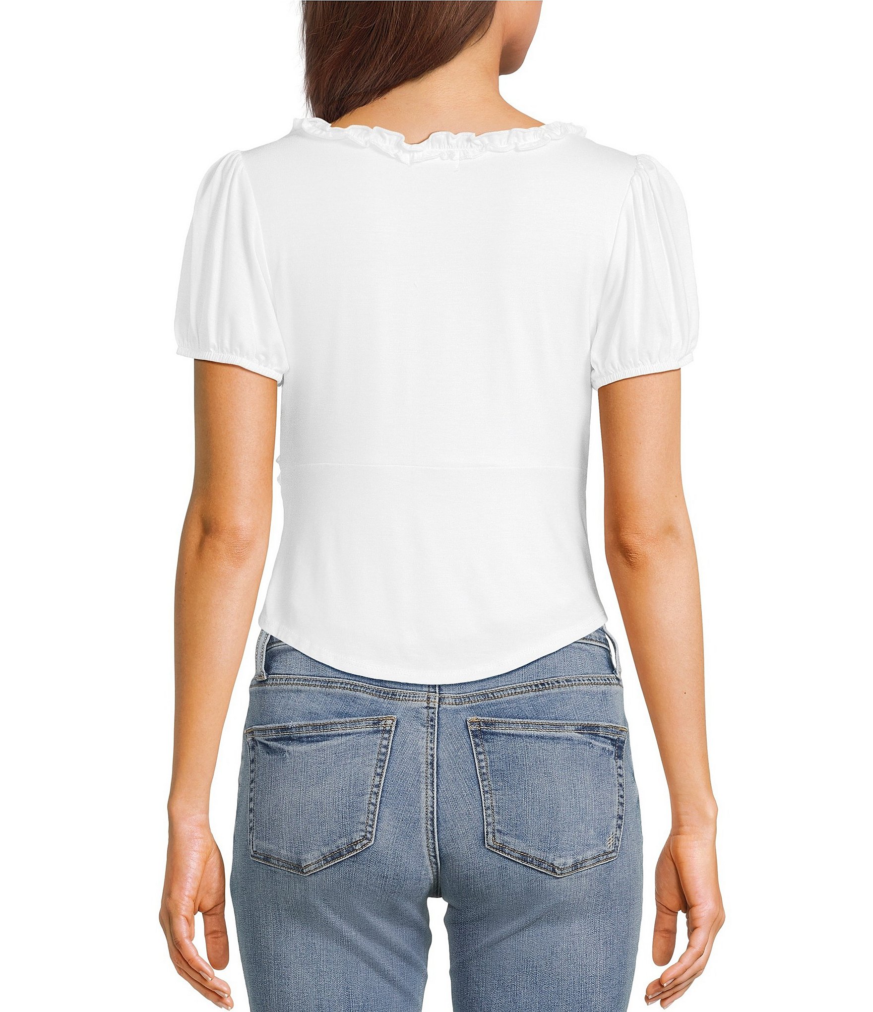 Originality V-Neck Short Puff Sleeve Ruffle Top