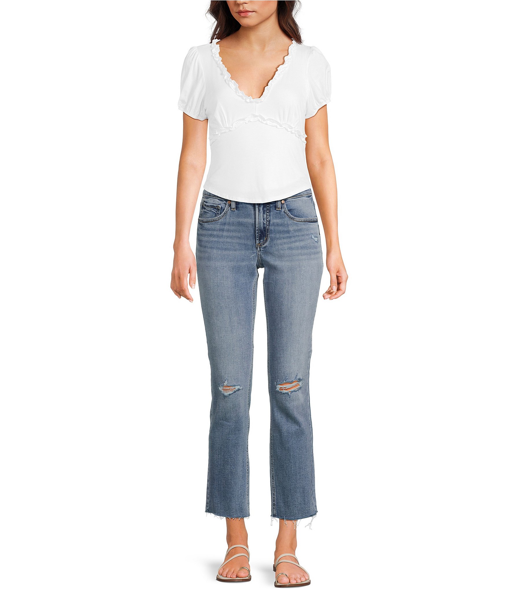 Originality V-Neck Short Puff Sleeve Ruffle Top
