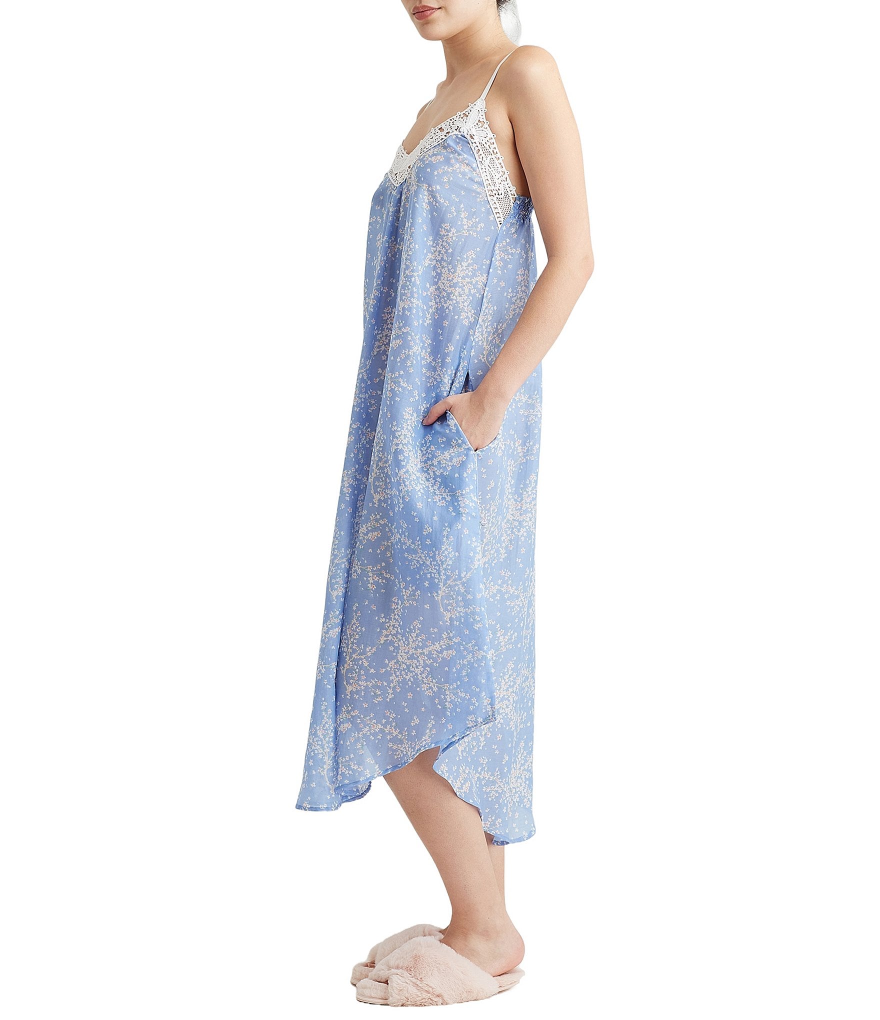 Papinelle Cherry Blossom Lightweight Lace Front Sleeveless Maxi Nightgown